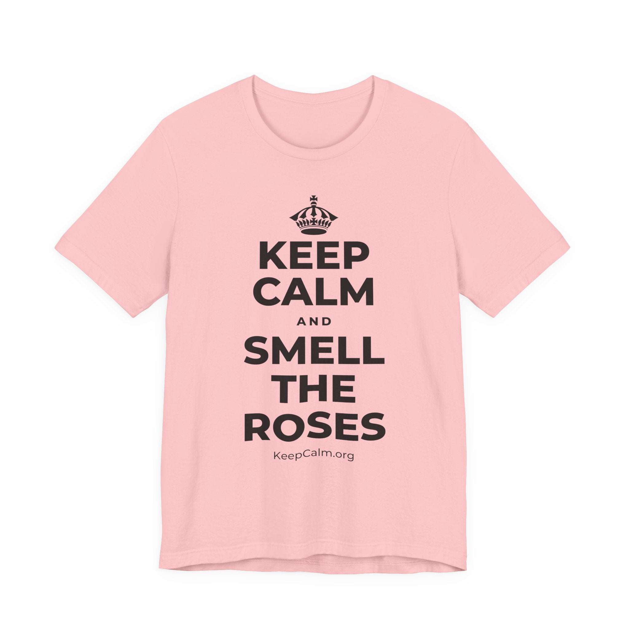KEEP CALM AND SMELL THE ROSES T-Shirt (White–Asphalt)