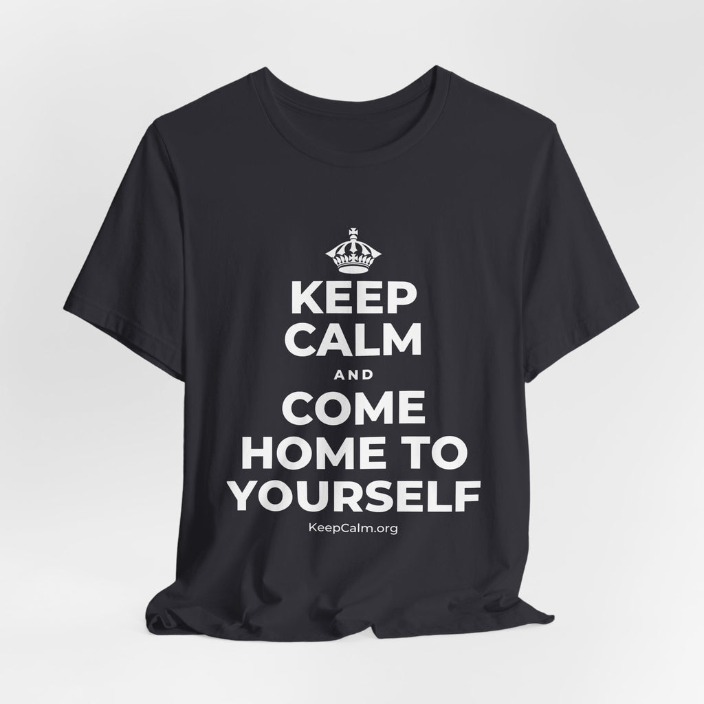 KEEP CALM AND COME HOME TO YOURSELF T-Shirt (Baby Blue–Silver)