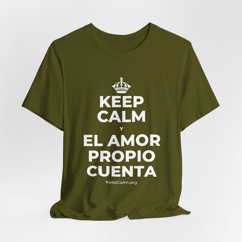 KEEP CALM Y EL AMOR PROPIO CUENTA T-Shirt (Baby Blue–Silver)