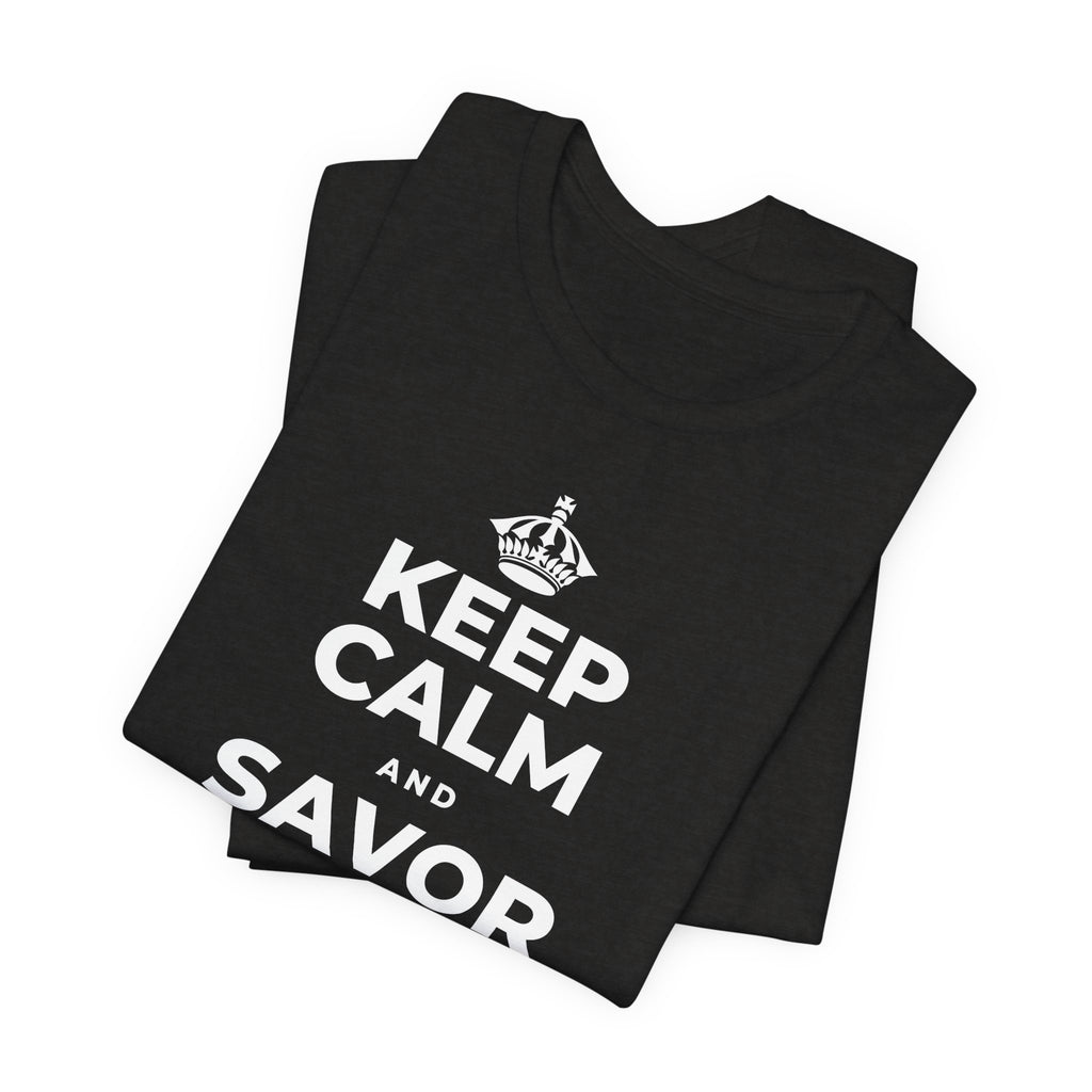 KEEP CALM AND SAVOR THE SMALL JOYS T-Shirt (Soft Cream–Heather Mauve)