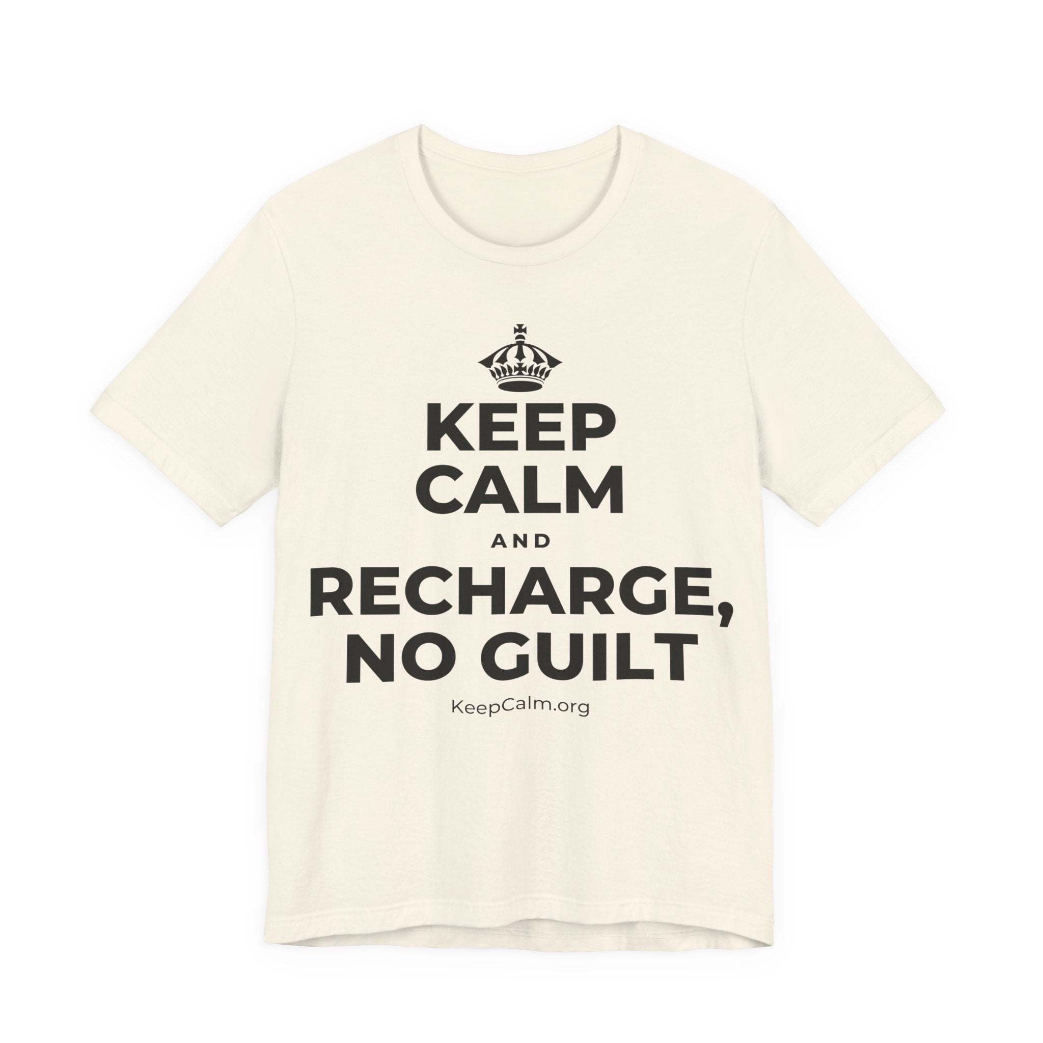 KEEP CALM AND RECHARGE, NO GUILT T-Shirt (White–Asphalt)
