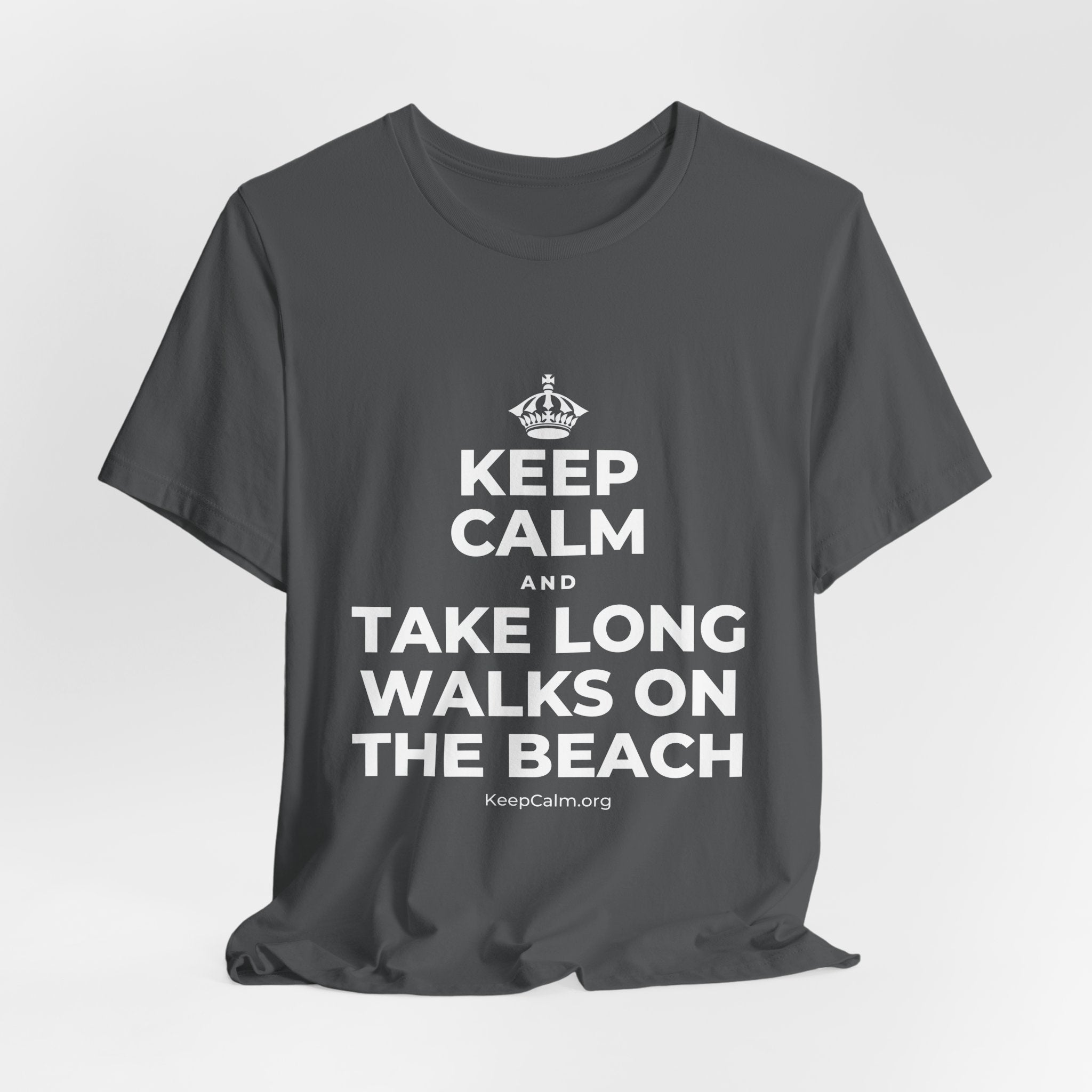 KEEP CALM AND TAKE LONG WALKS ON THE BEACH T-Shirt (White–Asphalt)