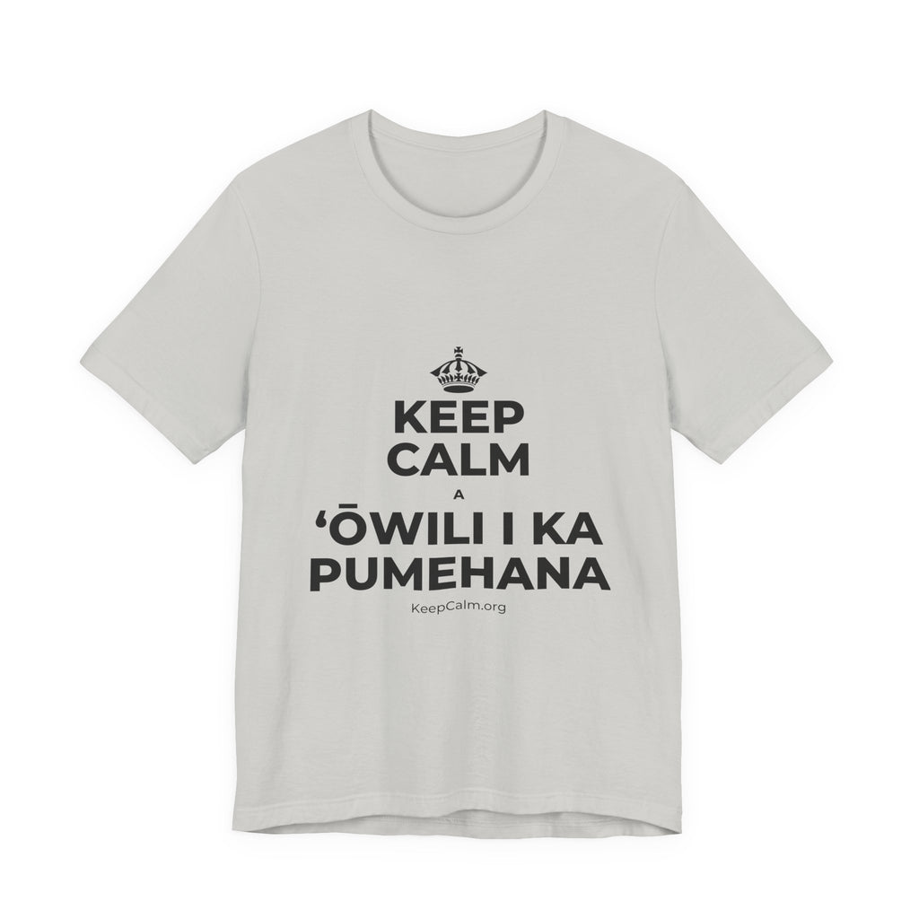 KEEP CALM A ʻŌWILI I KA PUMEHANA T-Shirt (Baby Blue–Silver)