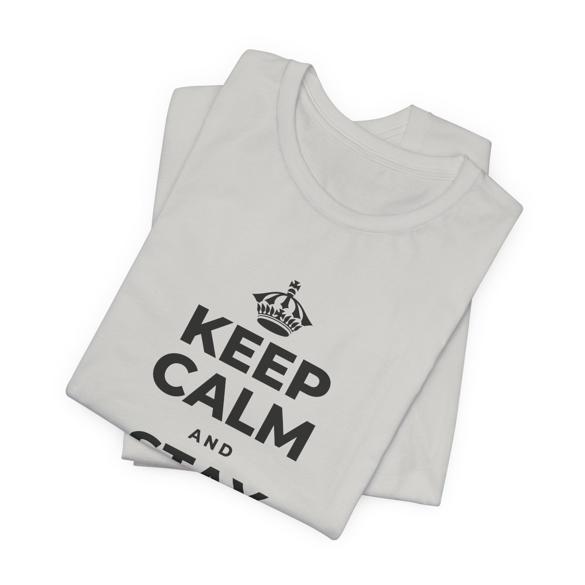 KEEP CALM AND STAY RIGHT HERE T-Shirt (Baby Blue–Silver)