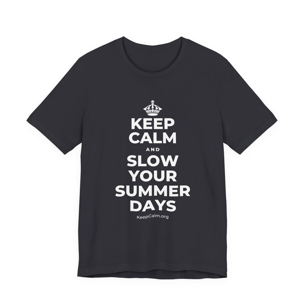KEEP CALM AND SLOW YOUR SUMMER DAYS T-Shirt (Baby Blue–Silver)