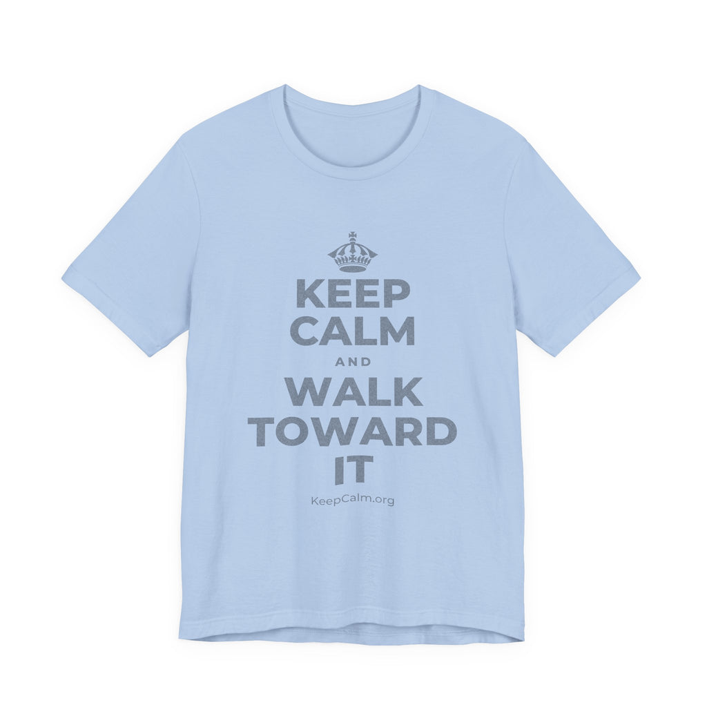 KEEP CALM AND WALK TOWARD IT T-Shirt (Baby Blue–Silver)