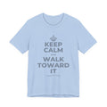 KEEP CALM AND WALK TOWARD IT T-Shirt (Baby Blue–Silver)