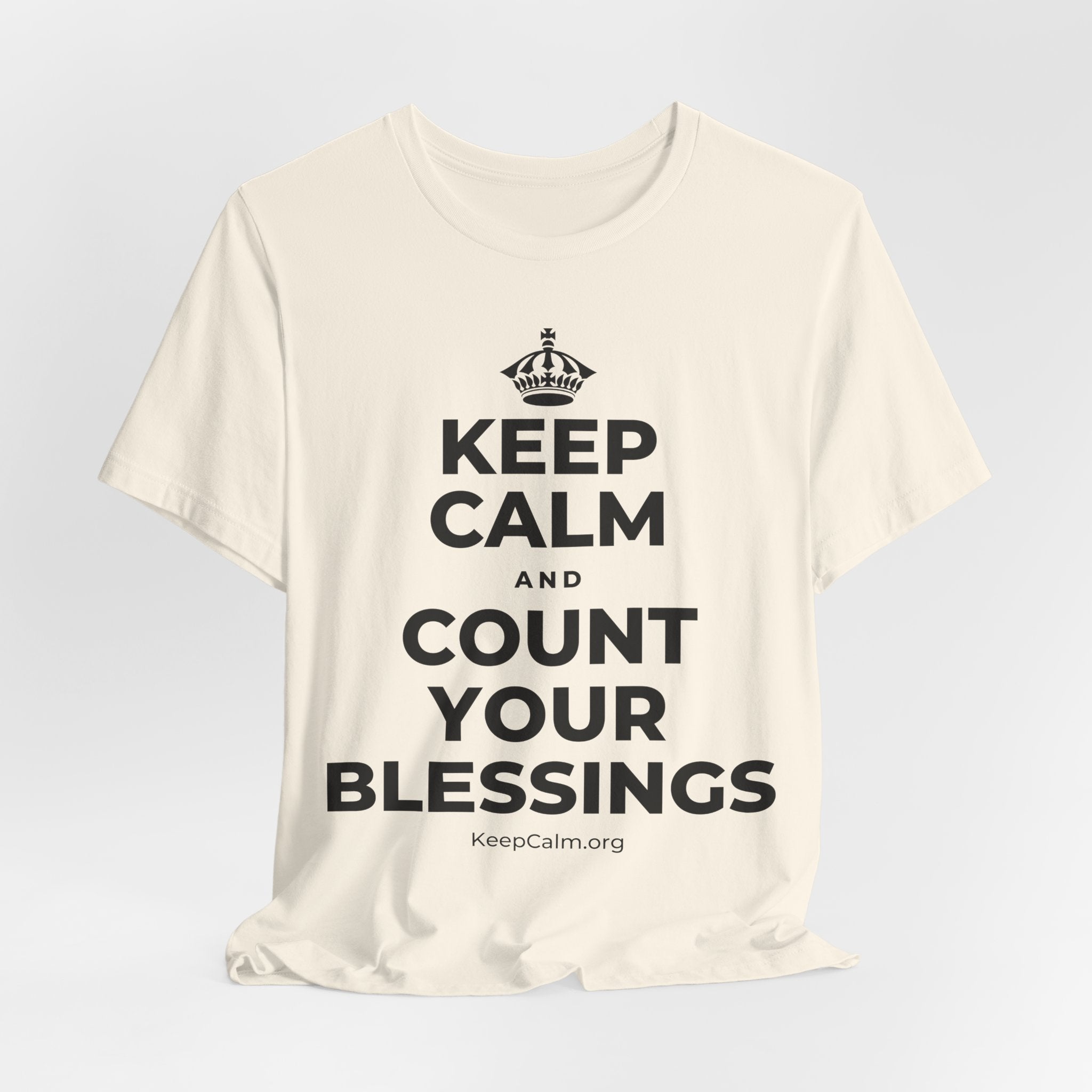 KEEP CALM AND COUNT YOUR BLESSINGS T-Shirt (White–Asphalt)