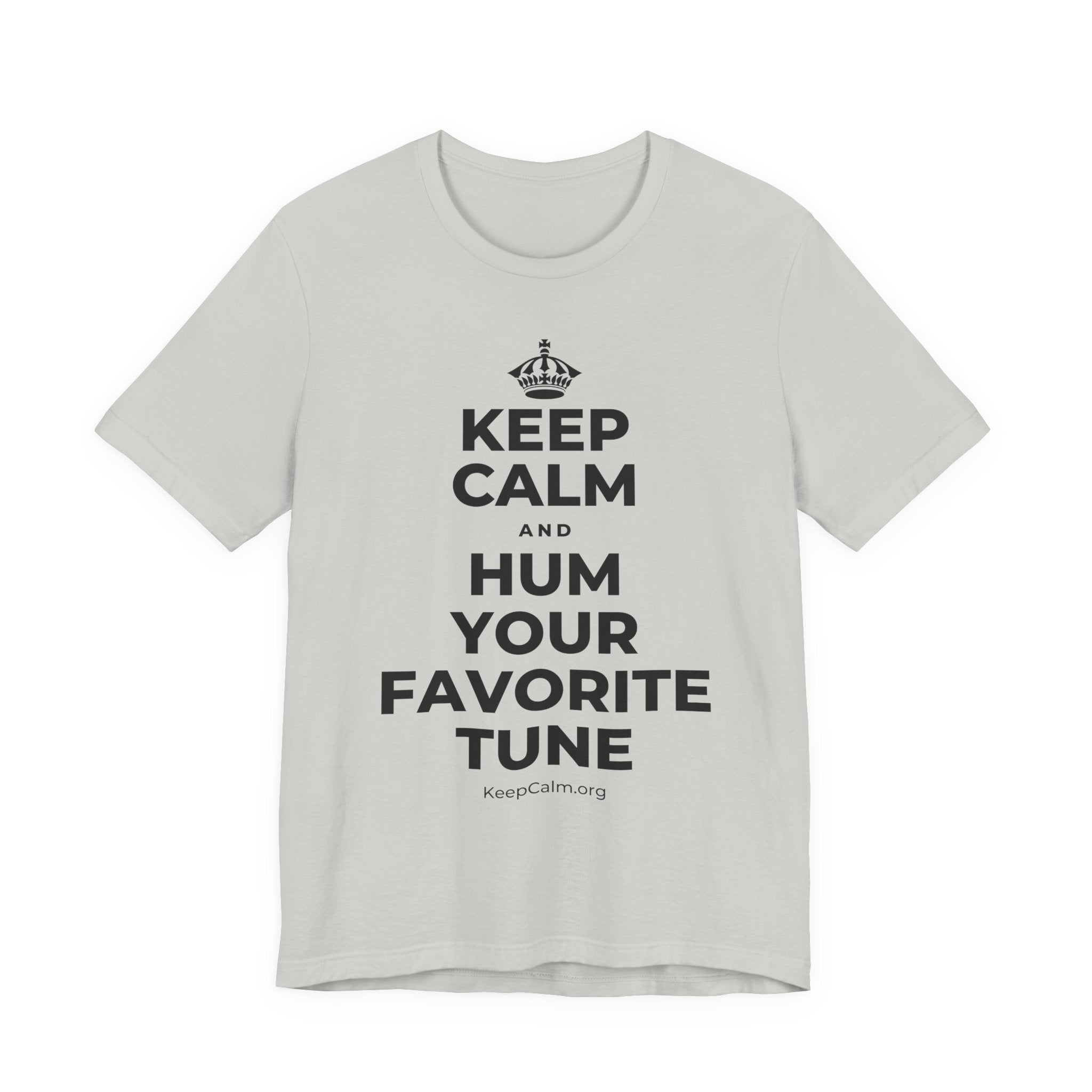 KEEP CALM AND HUM YOUR FAVORITE TUNE T-Shirt (Baby Blue–Silver)