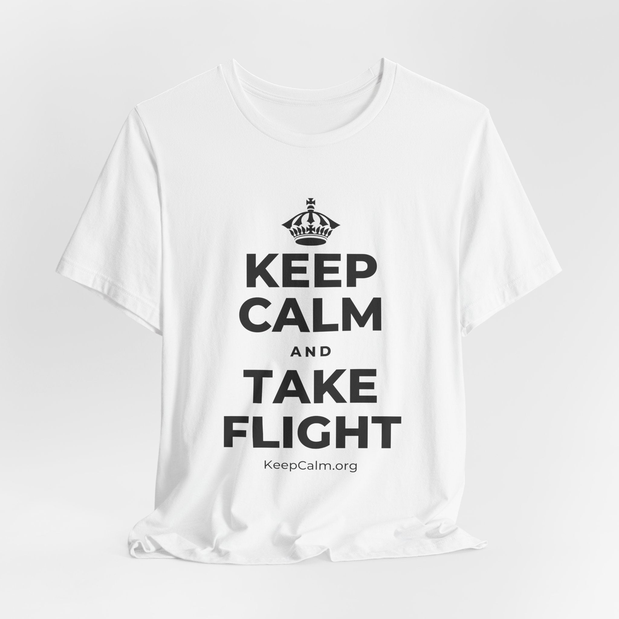 KEEP CALM AND TAKE FLIGHT T-Shirt (White–Asphalt)