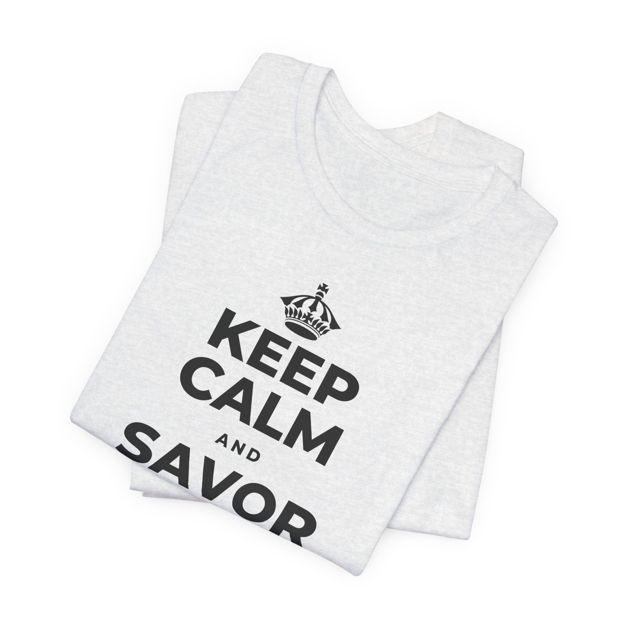 KEEP CALM AND SAVOR THE SMALL JOYS T-Shirt (Soft Cream–Heather Mauve)