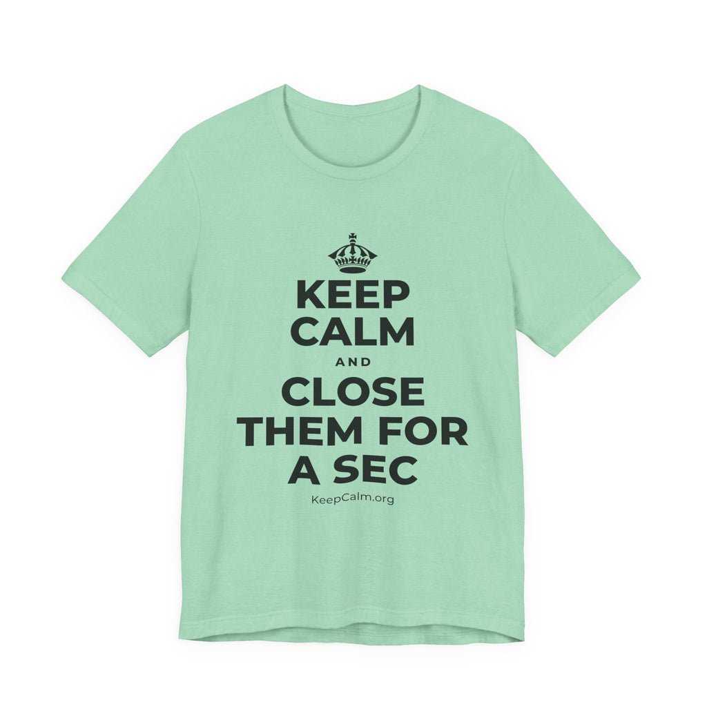 KEEP CALM AND CLOSE THEM FOR A SEC T-Shirt (Baby Blue–Silver)