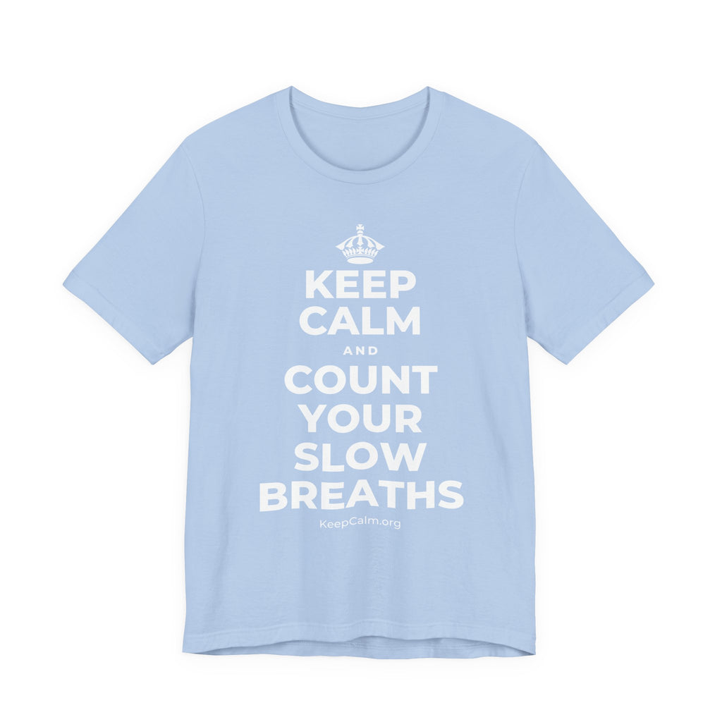 KEEP CALM AND COUNT YOUR SLOW BREATHS T-Shirt (Baby Blue–Silver)