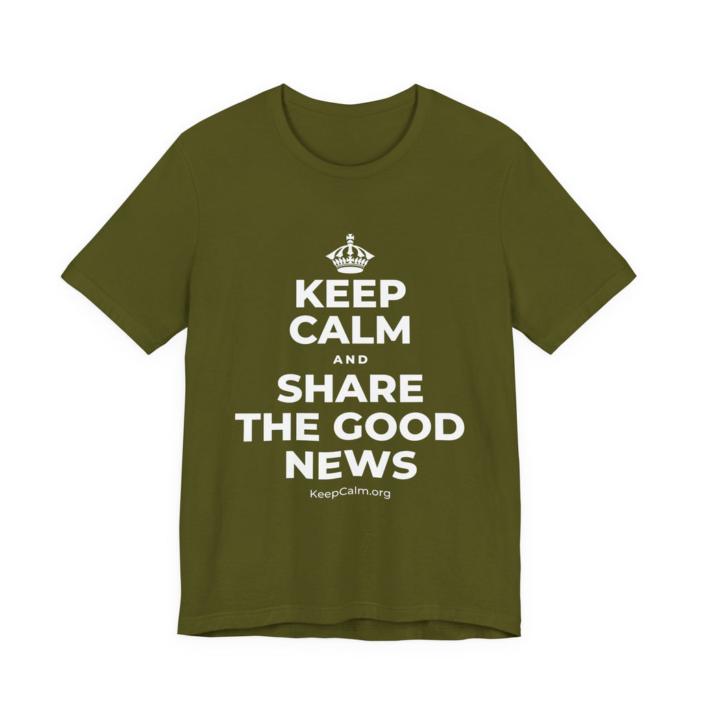 KEEP CALM AND SHARE THE GOOD NEWS T-Shirt (Baby Blue–Silver)