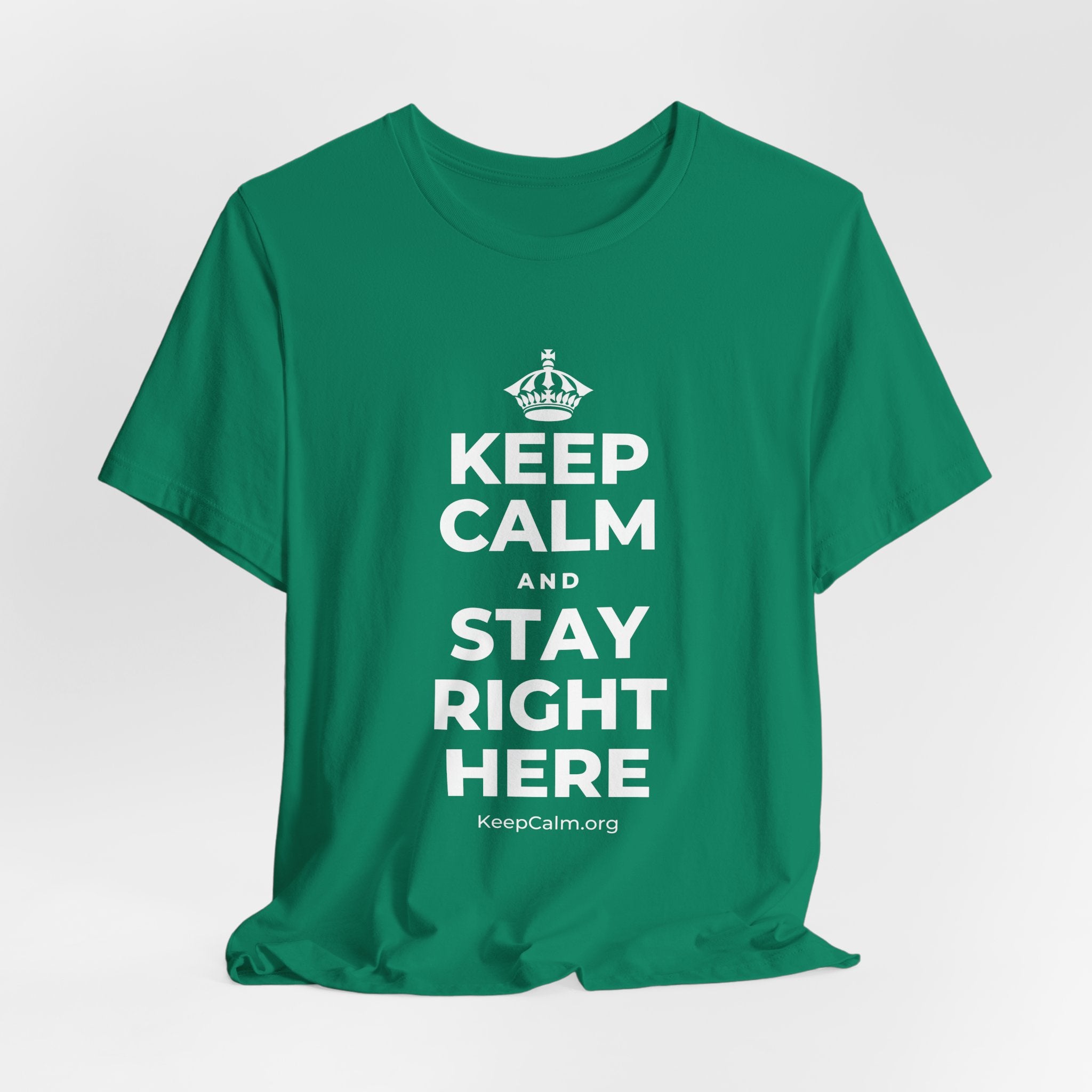 KEEP CALM AND STAY RIGHT HERE T-Shirt (White–Asphalt)