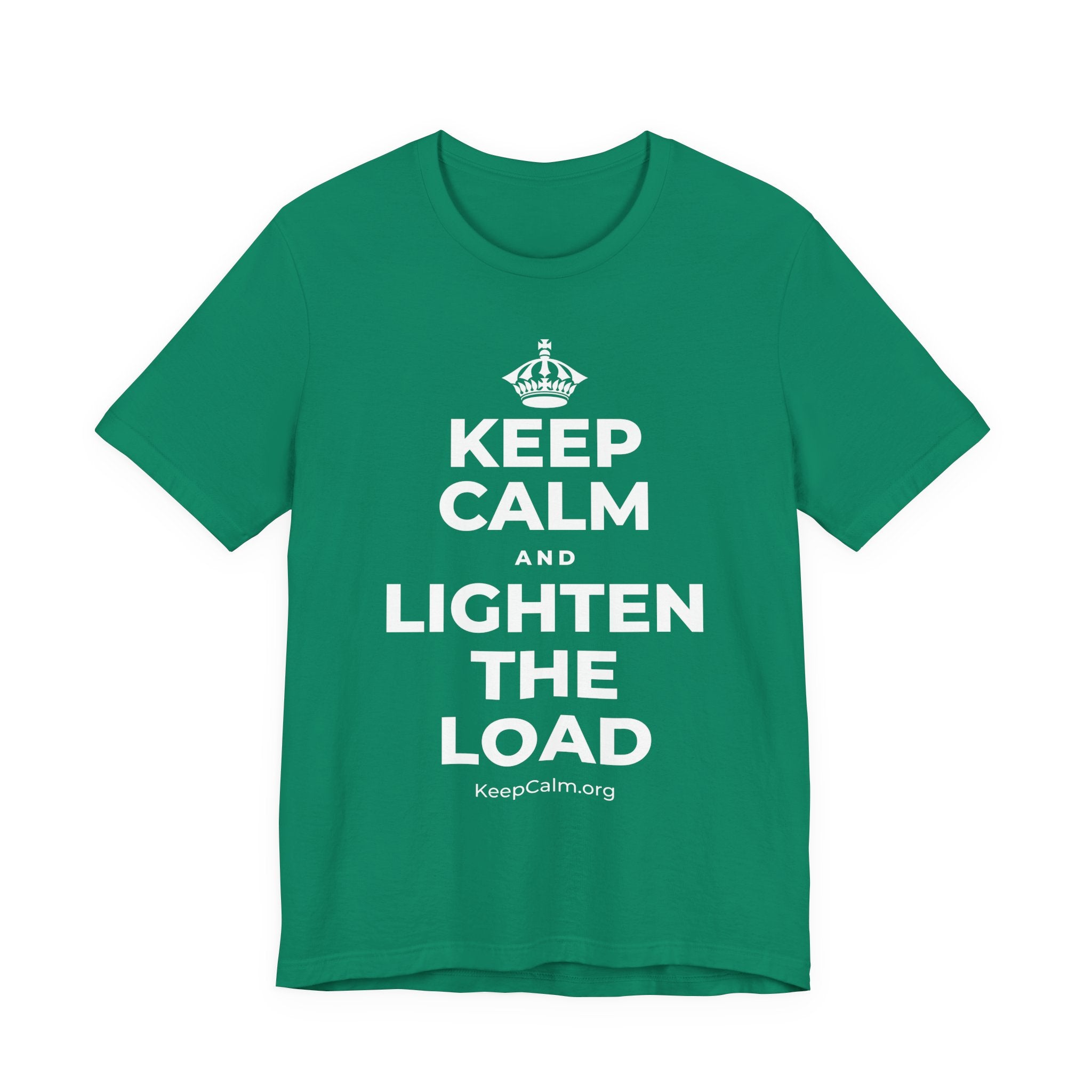 KEEP CALM AND LIGHTEN THE LOAD T-Shirt (White–Asphalt)