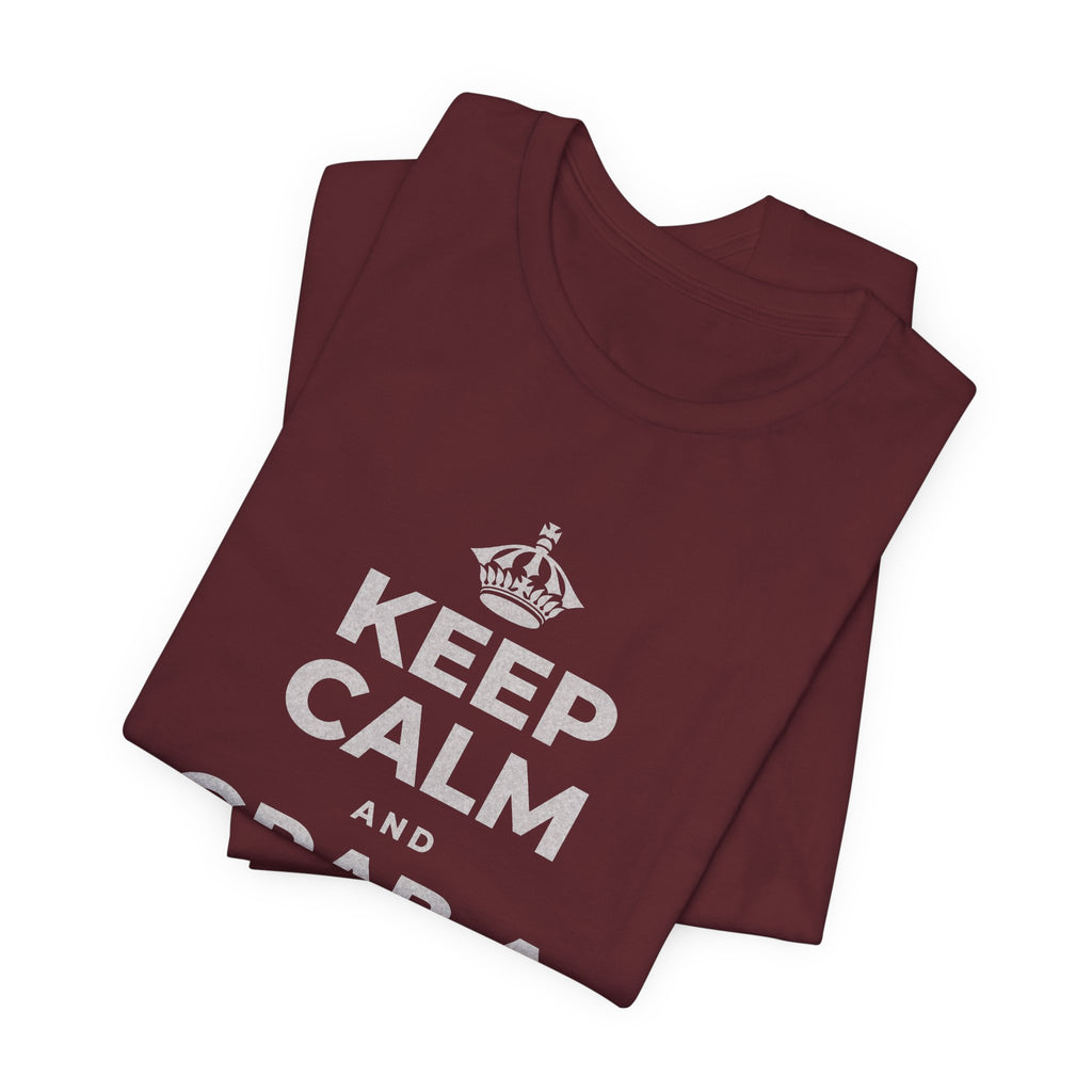 KEEP CALM AND GRAB A WARM DRINK T-Shirt (Baby Blue–Silver)