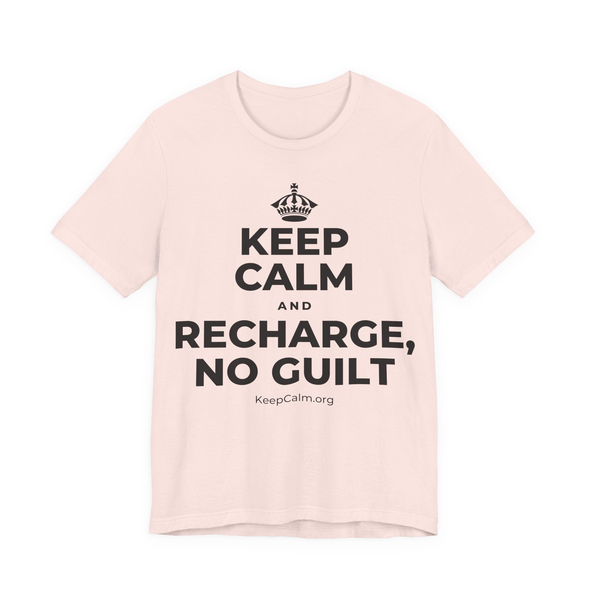 KEEP CALM AND RECHARGE, NO GUILT T-Shirt (Soft Cream–Heather Mauve)