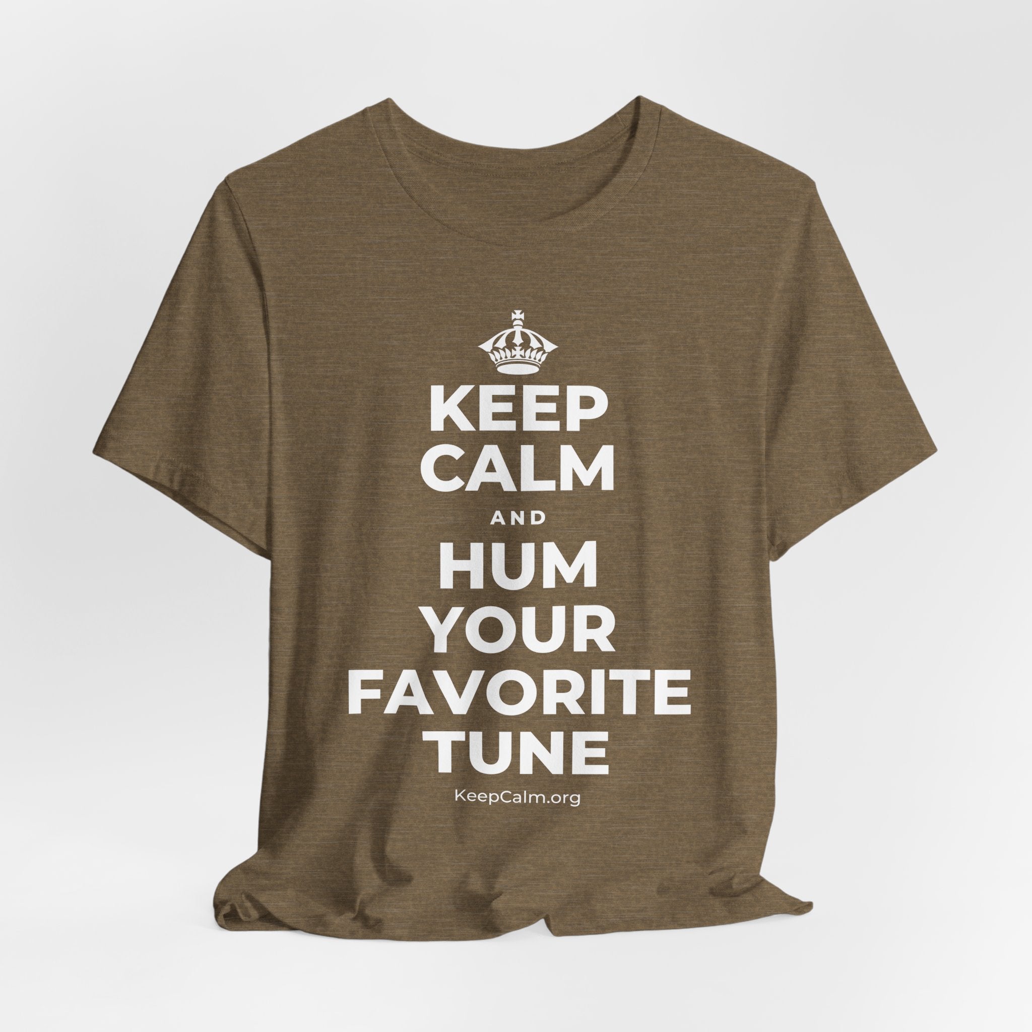 KEEP CALM AND HUM YOUR FAVORITE TUNE T-Shirt (Soft Cream–Heather Mauve)