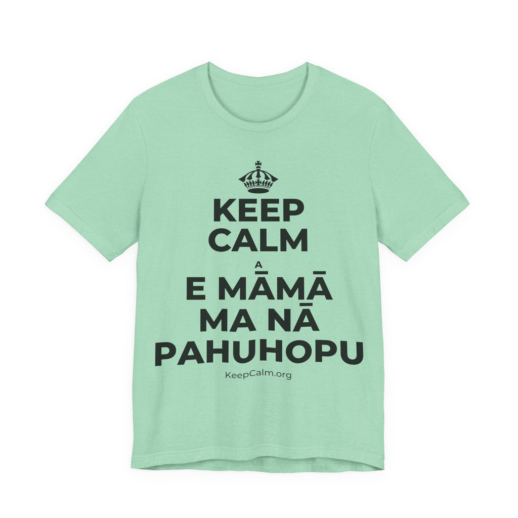 KEEP CALM A E MĀMĀ MA NĀ PAHUHOPU T-Shirt (Baby Blue–Silver)