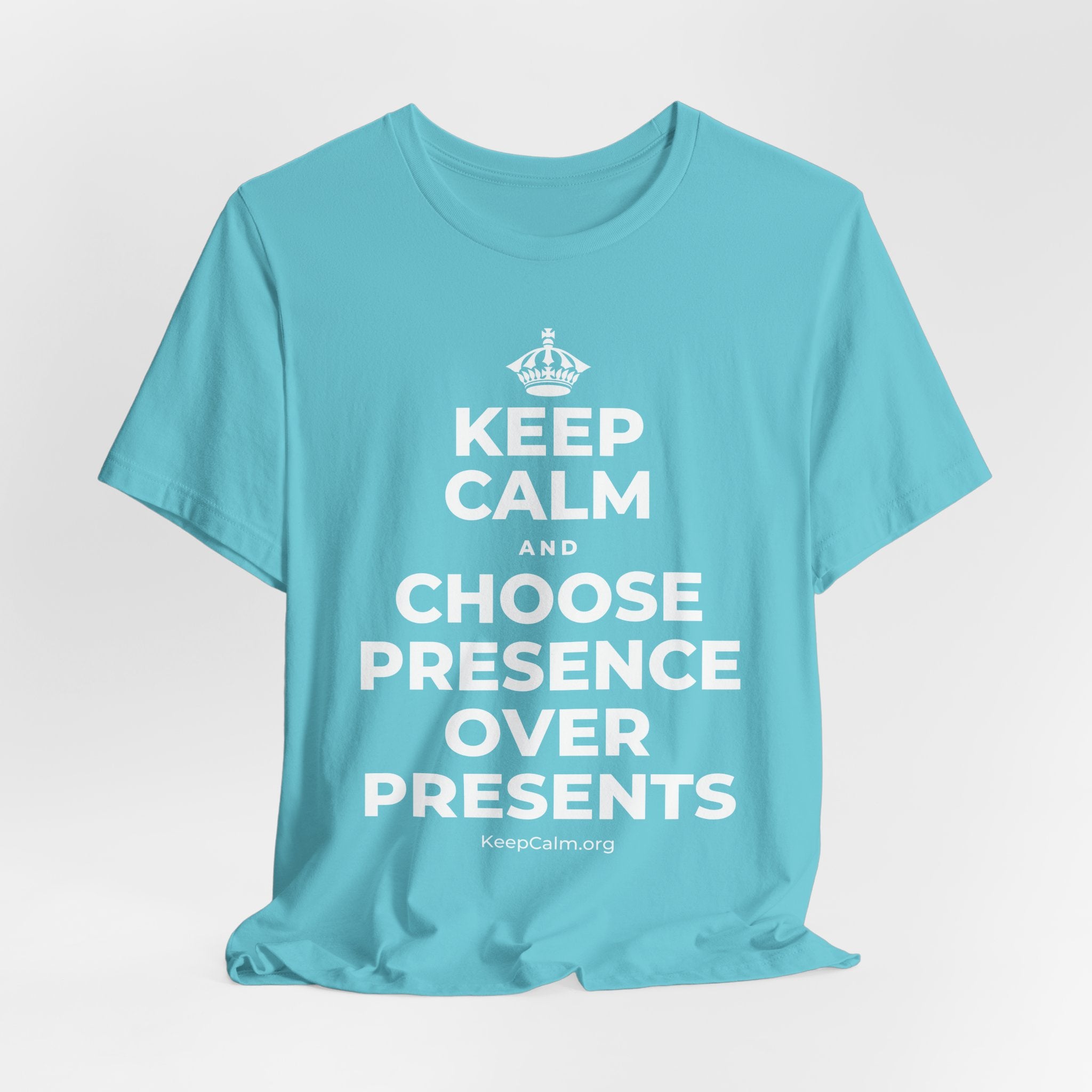 KEEP CALM AND CHOOSE PRESENCE OVER PRESENTS T-Shirt (Soft Cream–Heather Mauve)