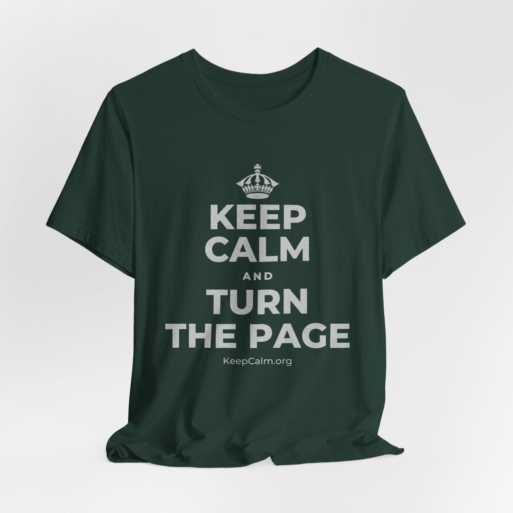 KEEP CALM AND TURN THE PAGE T-Shirt (White–Asphalt)