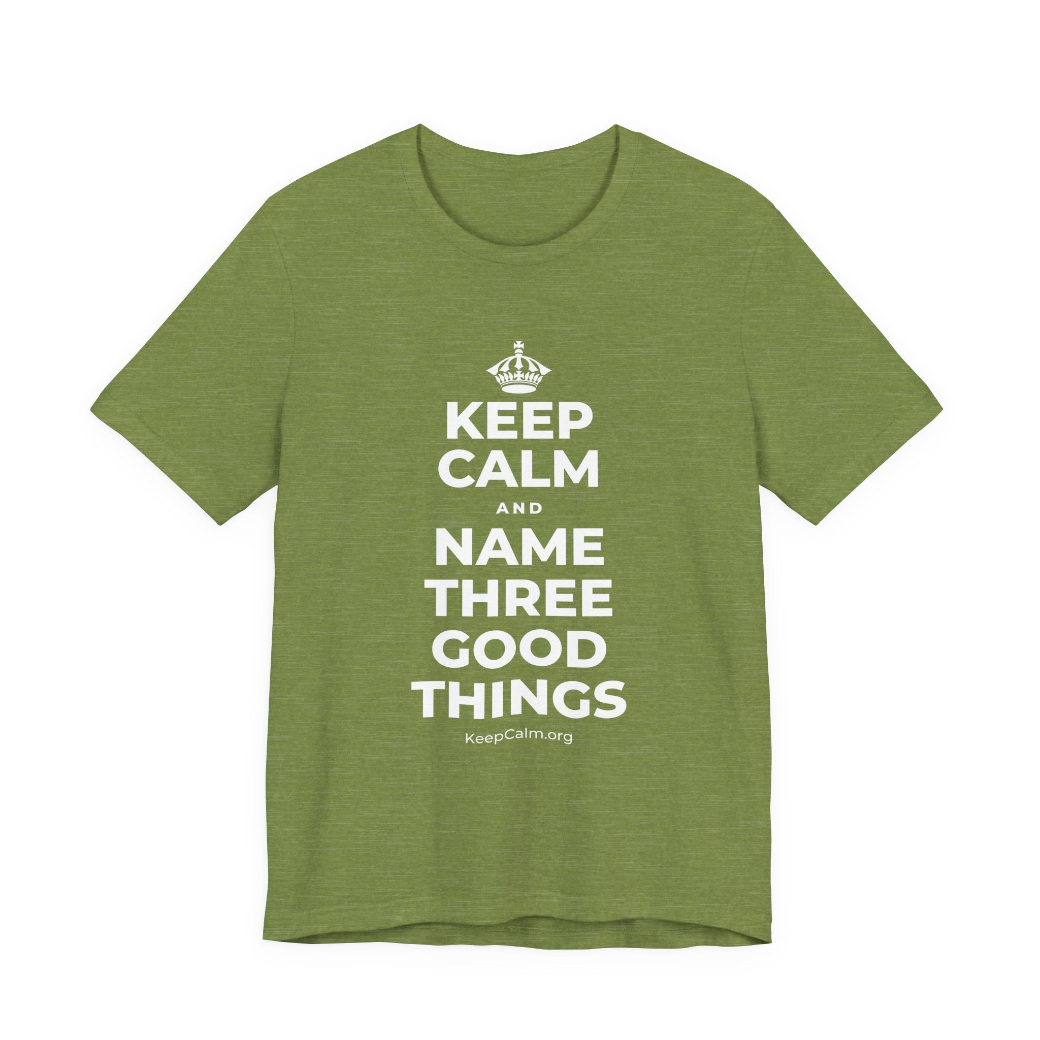 KEEP CALM AND NAME THREE GOOD THINGS T-Shirt (Baby Blue–Silver)