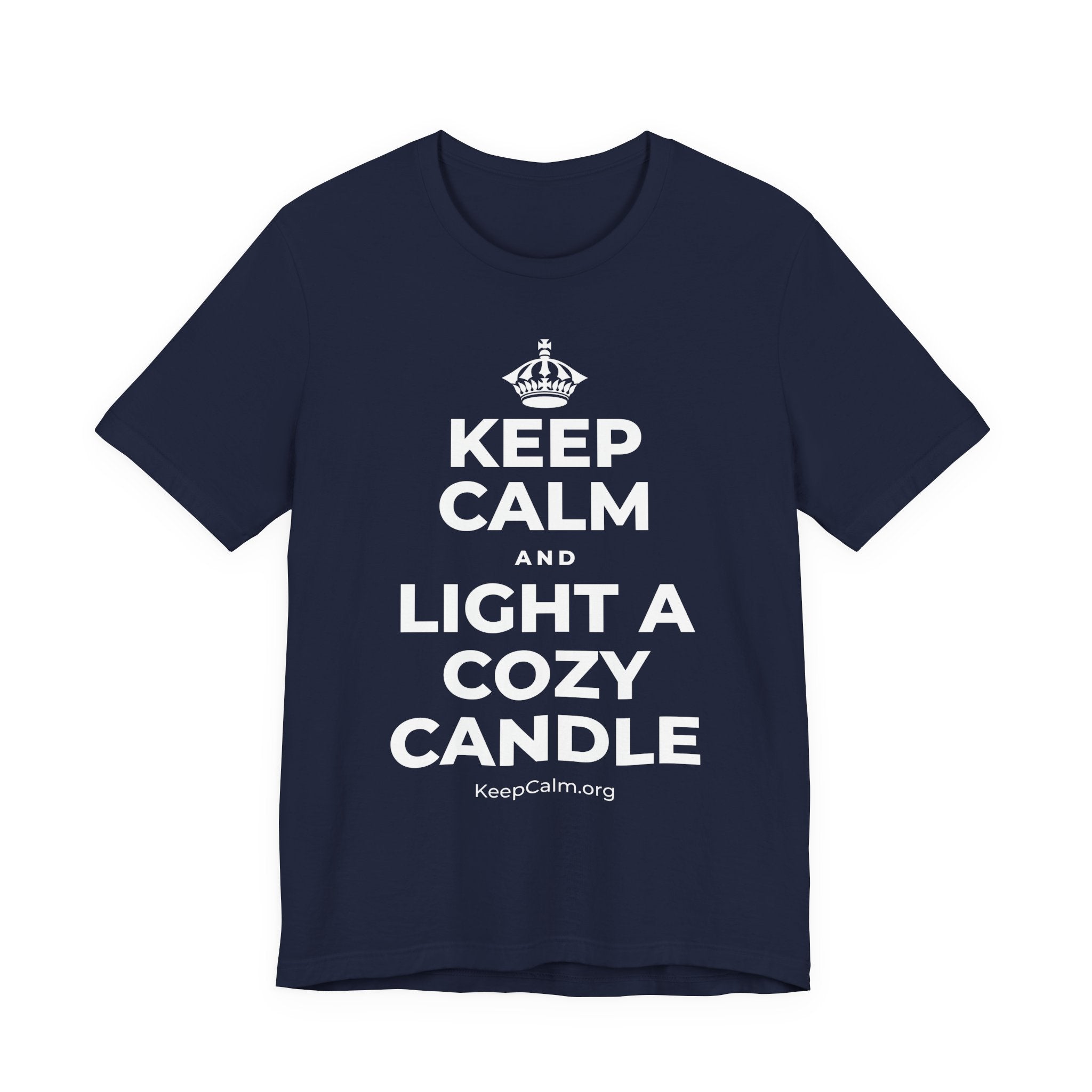 KEEP CALM AND LIGHT A COZY CANDLE T-Shirt (White–Asphalt)