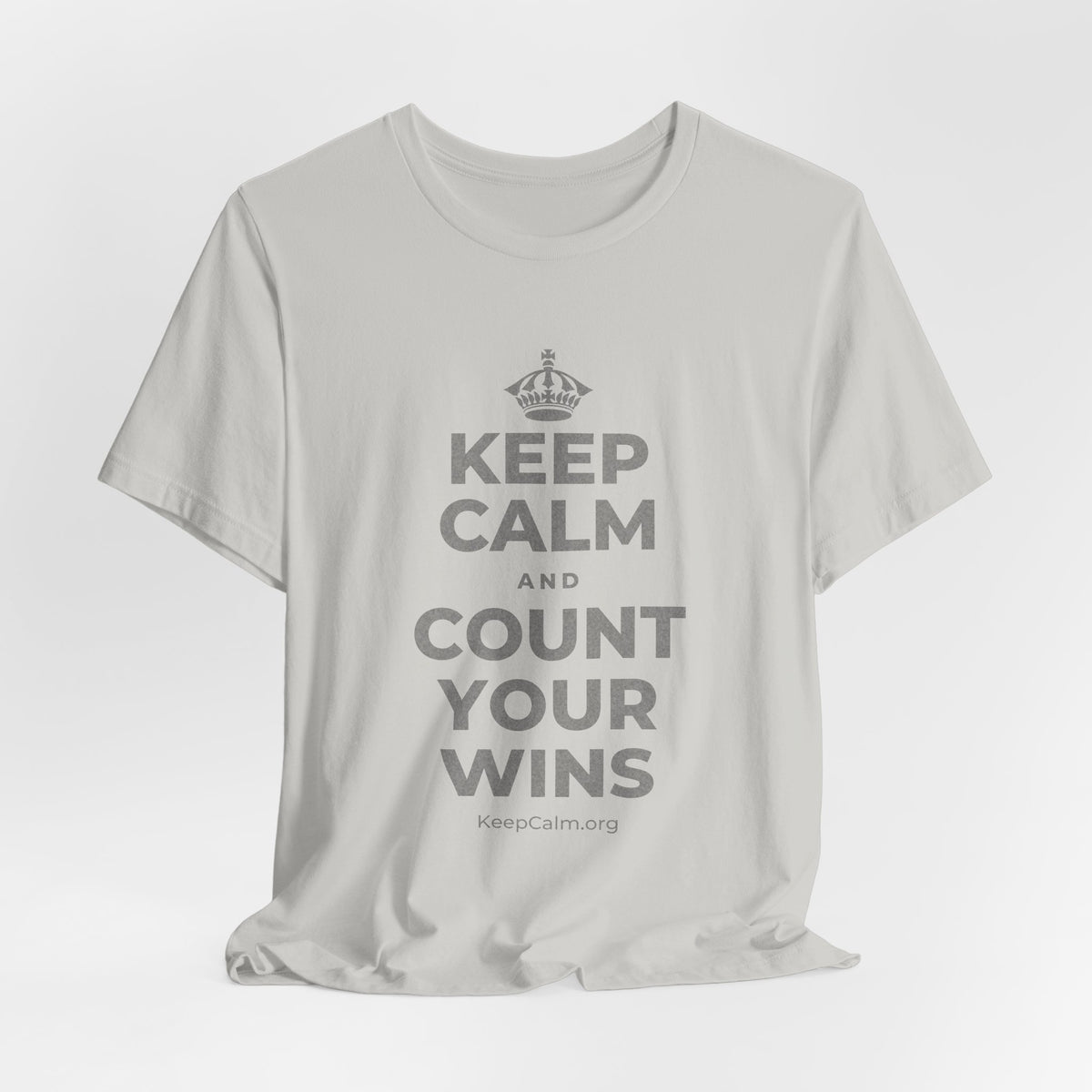 KEEP CALM AND COUNT YOUR WINS T-Shirt (Baby Blue–Silver)