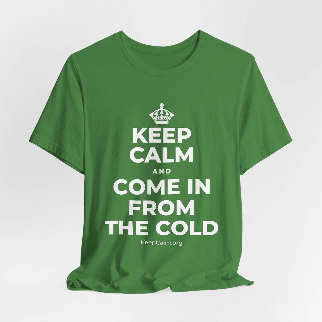 KEEP CALM AND COME IN FROM THE COLD T-Shirt (Baby Blue–Silver)