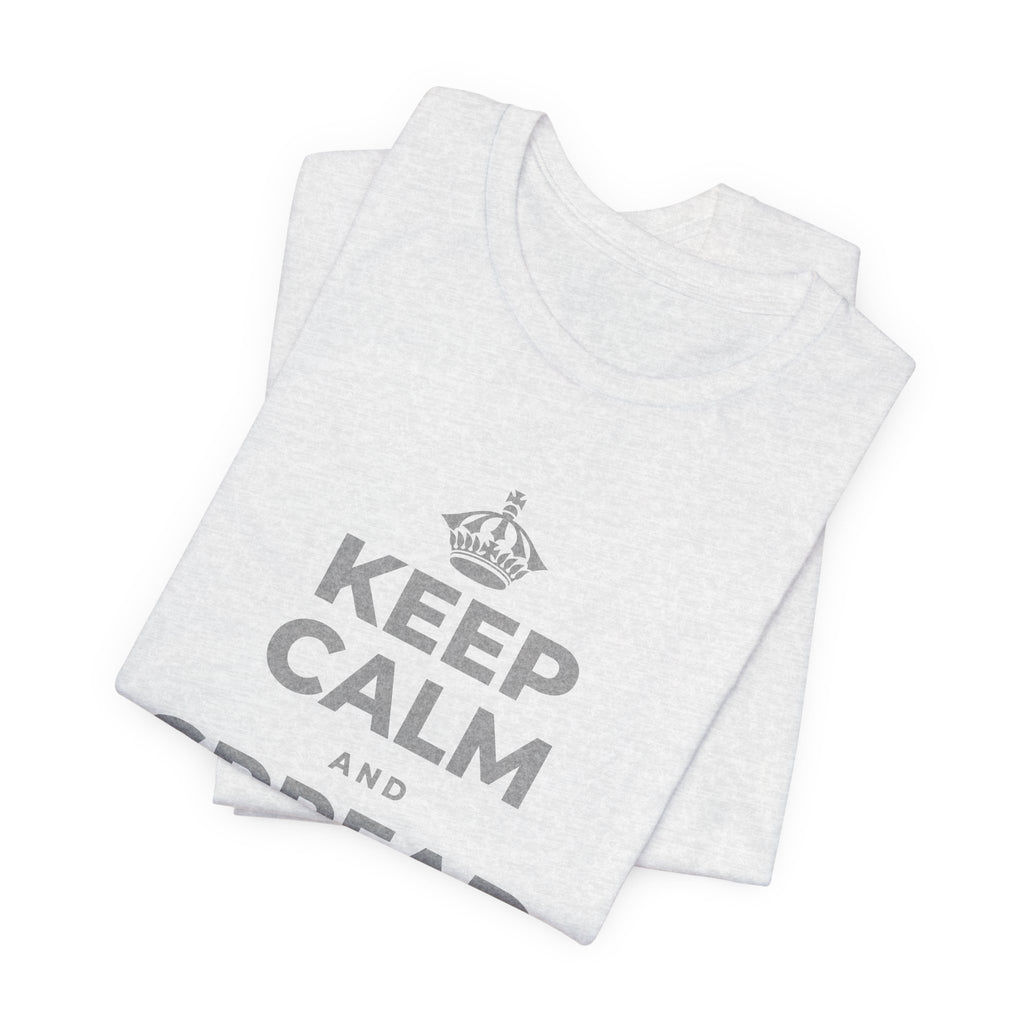KEEP CALM AND SPREAD SOME JOY T-Shirt (Soft Cream–Heather Mauve)