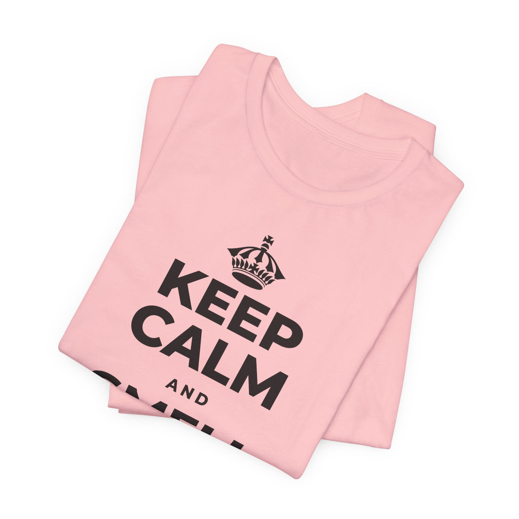 KEEP CALM AND SMELL THE ROSES T-Shirt (White–Asphalt)