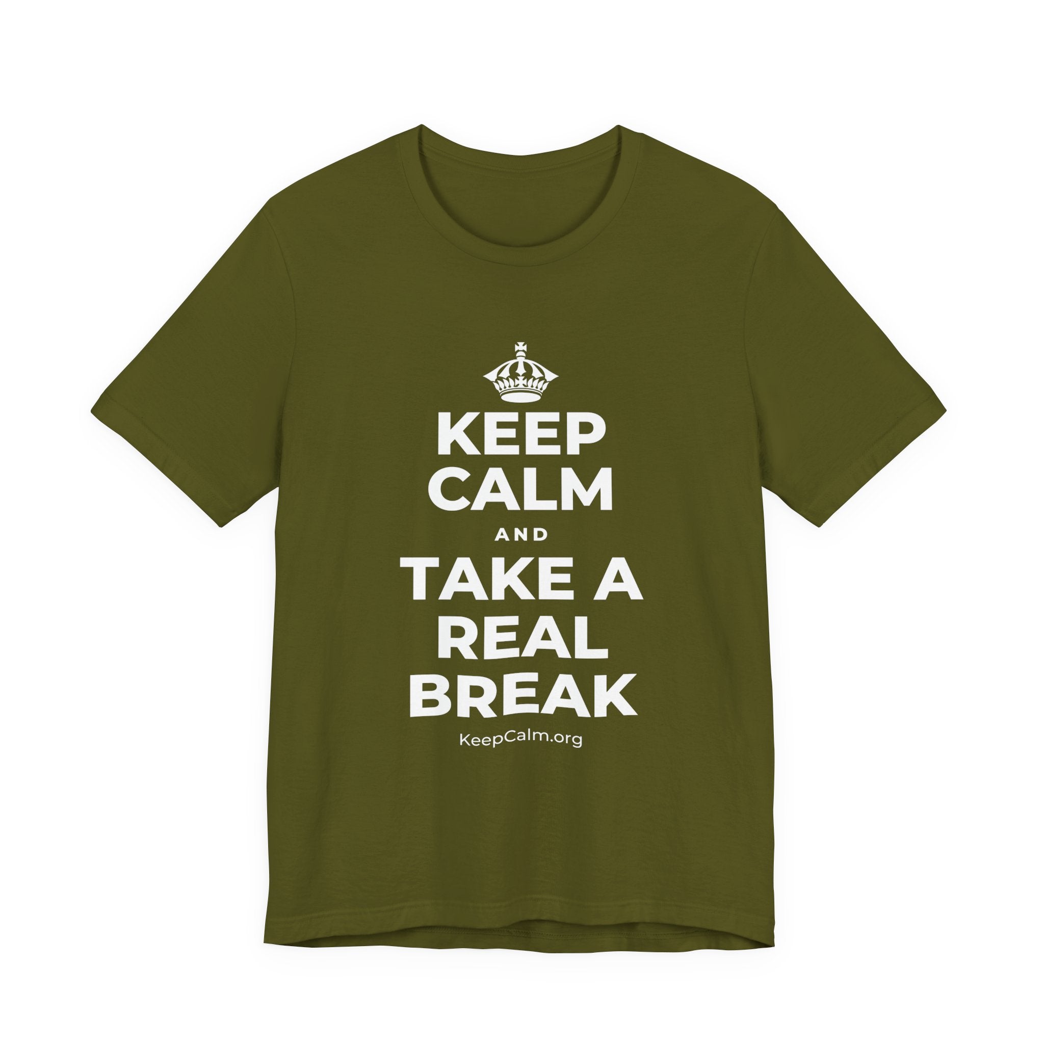 KEEP CALM AND TAKE A REAL BREAK T-Shirt (Baby Blue–Silver)