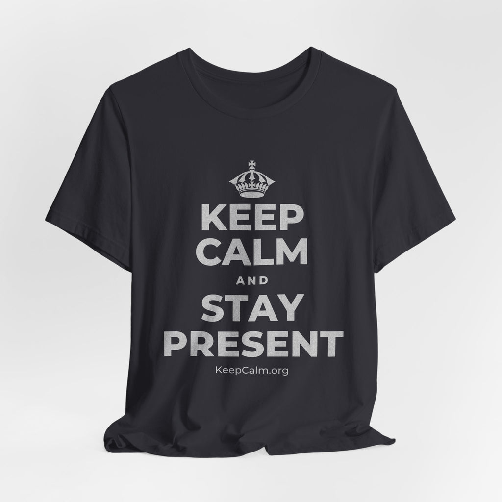KEEP CALM AND STAY PRESENT T-Shirt (Baby Blue–Silver)