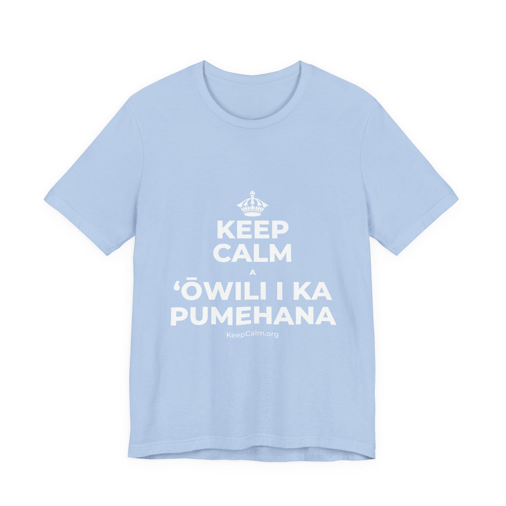 KEEP CALM A ʻŌWILI I KA PUMEHANA T-Shirt (Baby Blue–Silver)