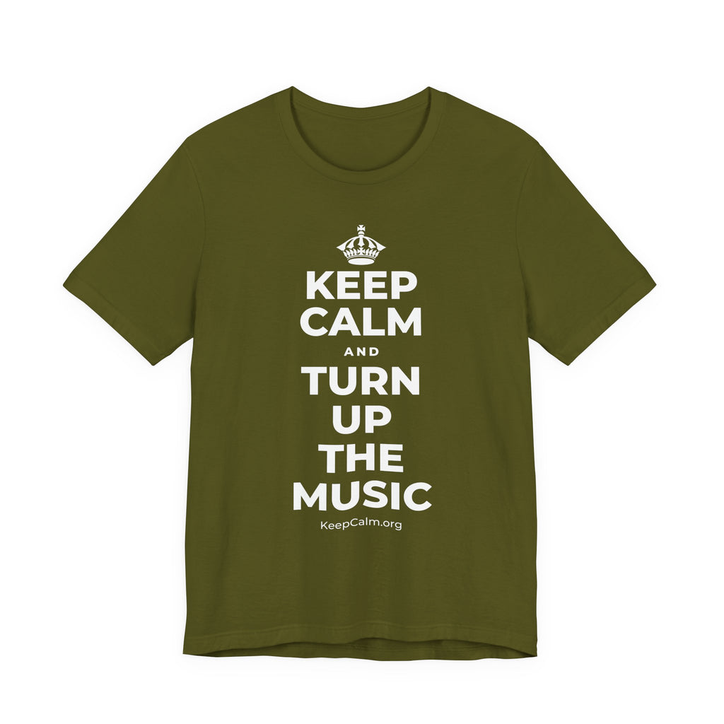 KEEP CALM AND TURN UP THE MUSIC T-Shirt (Baby Blue–Silver)