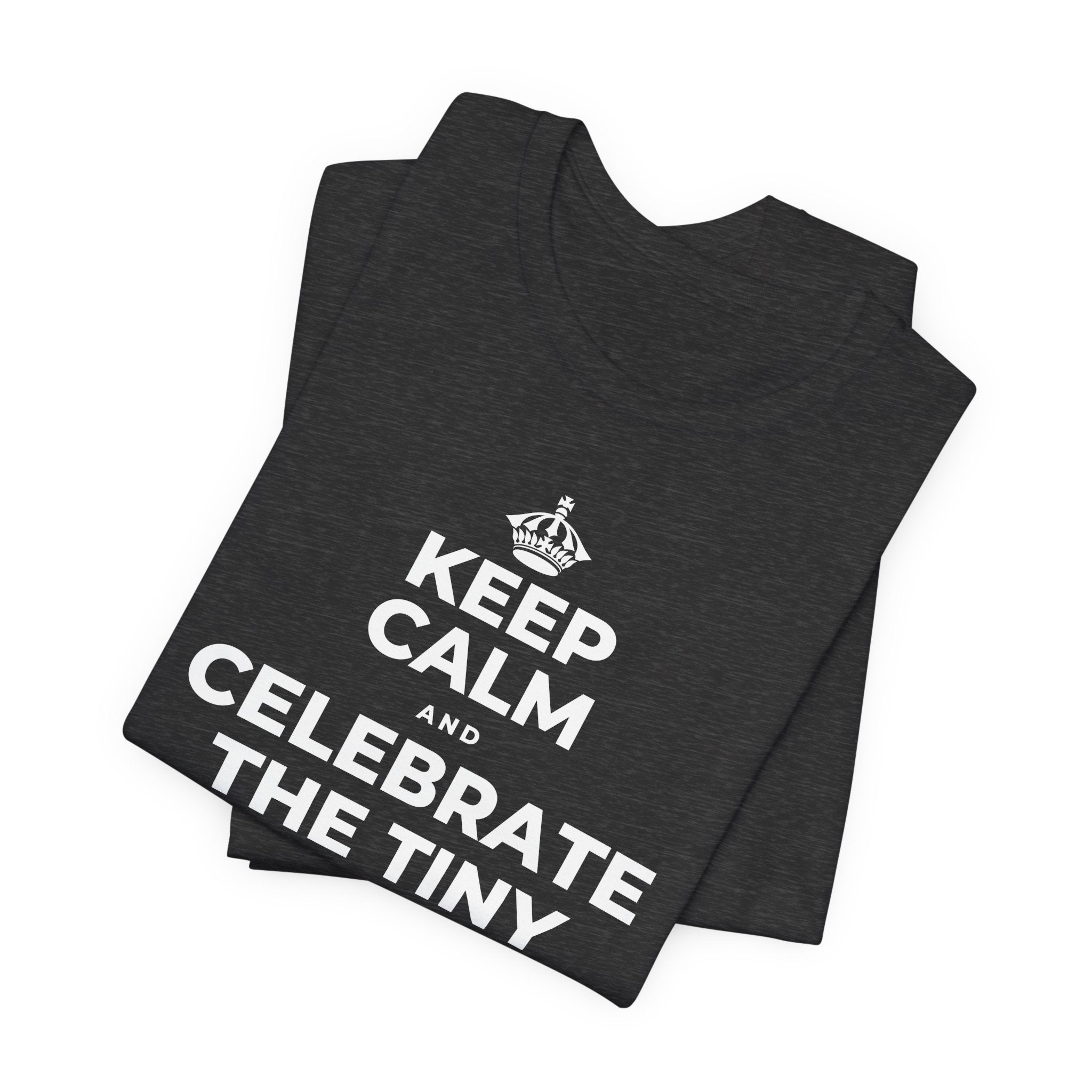 KEEP CALM AND CELEBRATE THE TINY VICTORIES EVERY SINGLE DAY T-Shirt (White–Asphalt)
