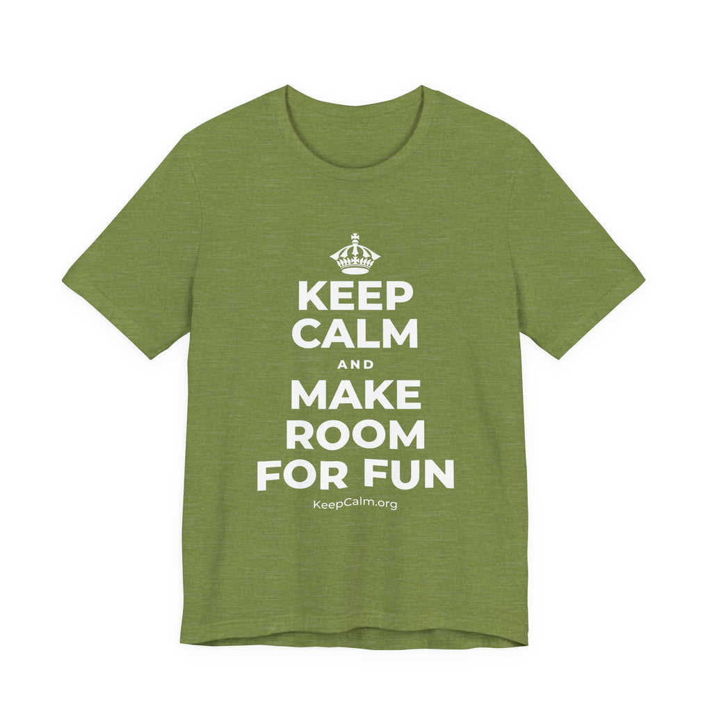 KEEP CALM AND MAKE ROOM FOR FUN T-Shirt (Baby Blue–Silver)