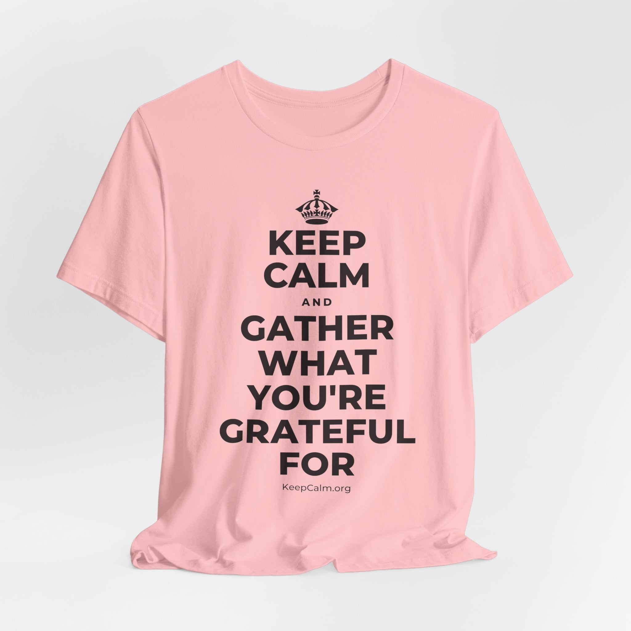 KEEP CALM AND GATHER WHAT YOU'RE GRATEFUL FOR T-Shirt (White–Asphalt)