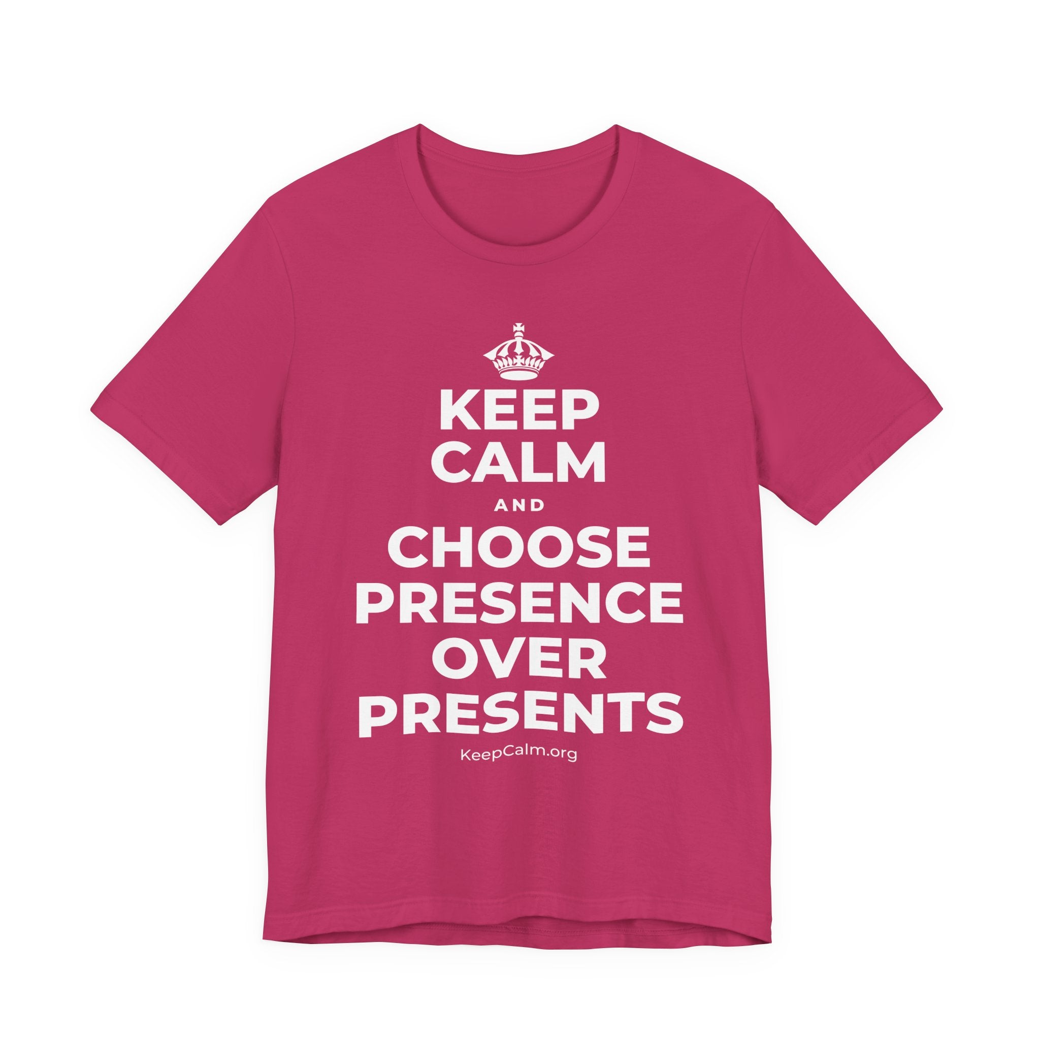 KEEP CALM AND CHOOSE PRESENCE OVER PRESENTS T-Shirt (Baby Blue–Silver)