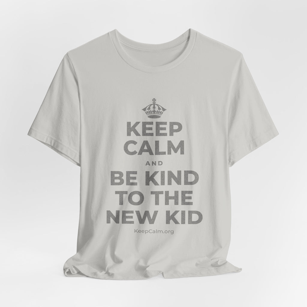 KEEP CALM AND BE KIND TO THE NEW KID T-Shirt (Baby Blue–Silver)