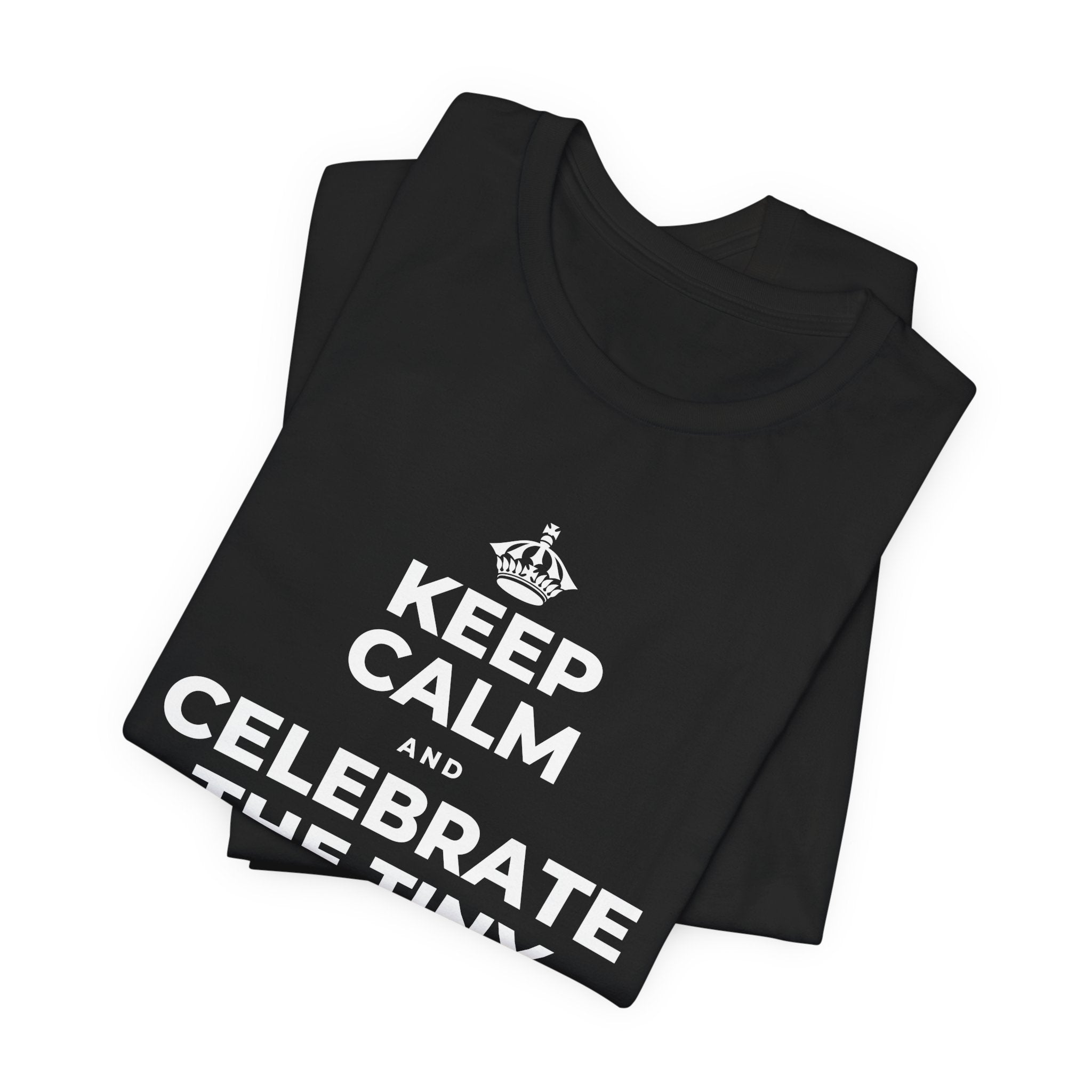 KEEP CALM AND CELEBRATE THE TINY VICTORIES EVERY SINGLE DAY T-Shirt (White–Asphalt)