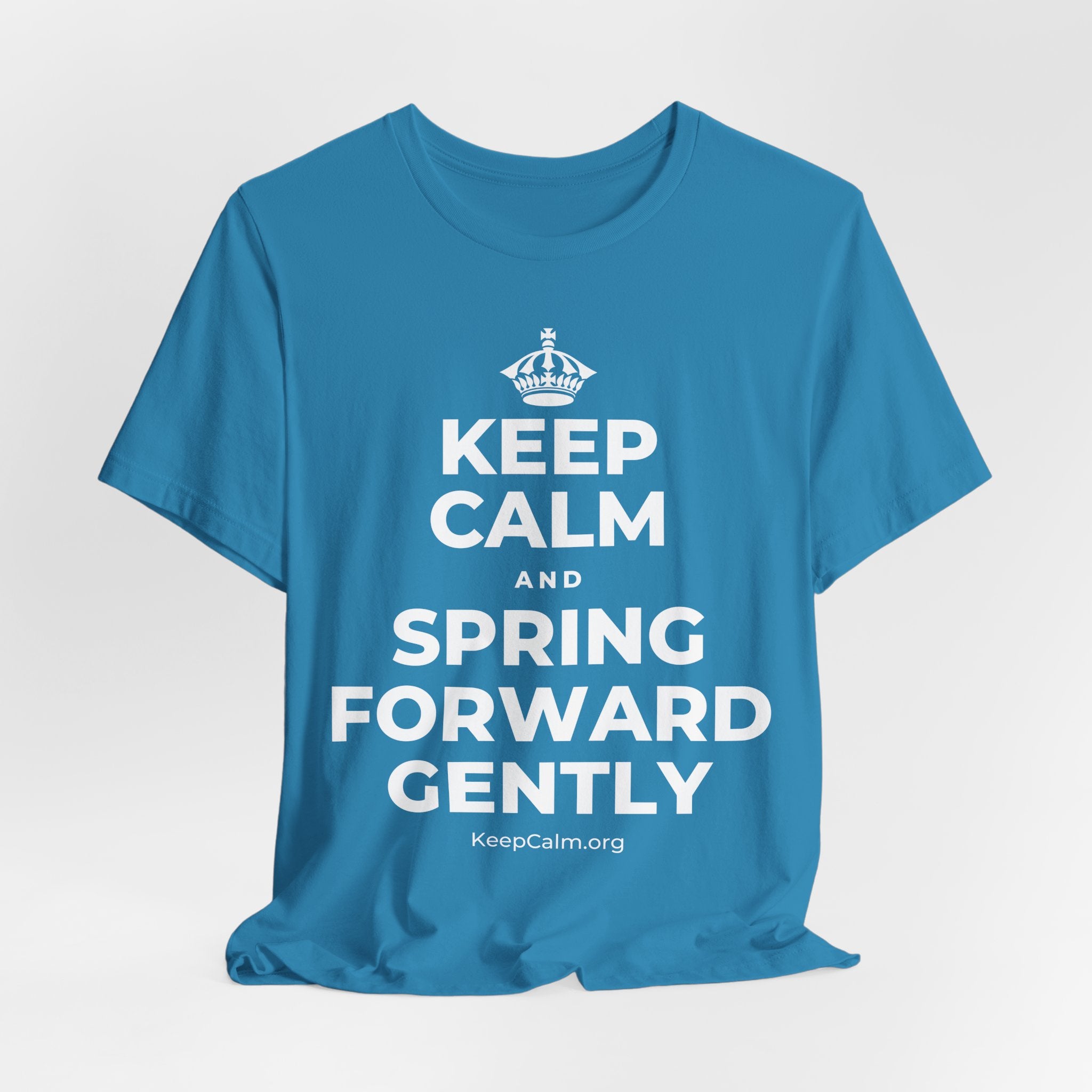 KEEP CALM AND SPRING FORWARD GENTLY T-Shirt (White–Asphalt)
