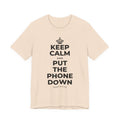 KEEP CALM AND PUT THE PHONE DOWN T-Shirt (Soft Cream–Heather Mauve)