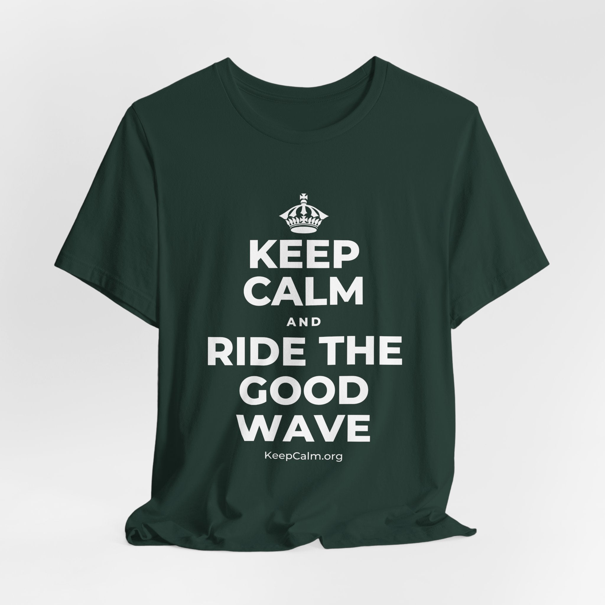 KEEP CALM AND RIDE THE GOOD WAVE T-Shirt (White–Asphalt)