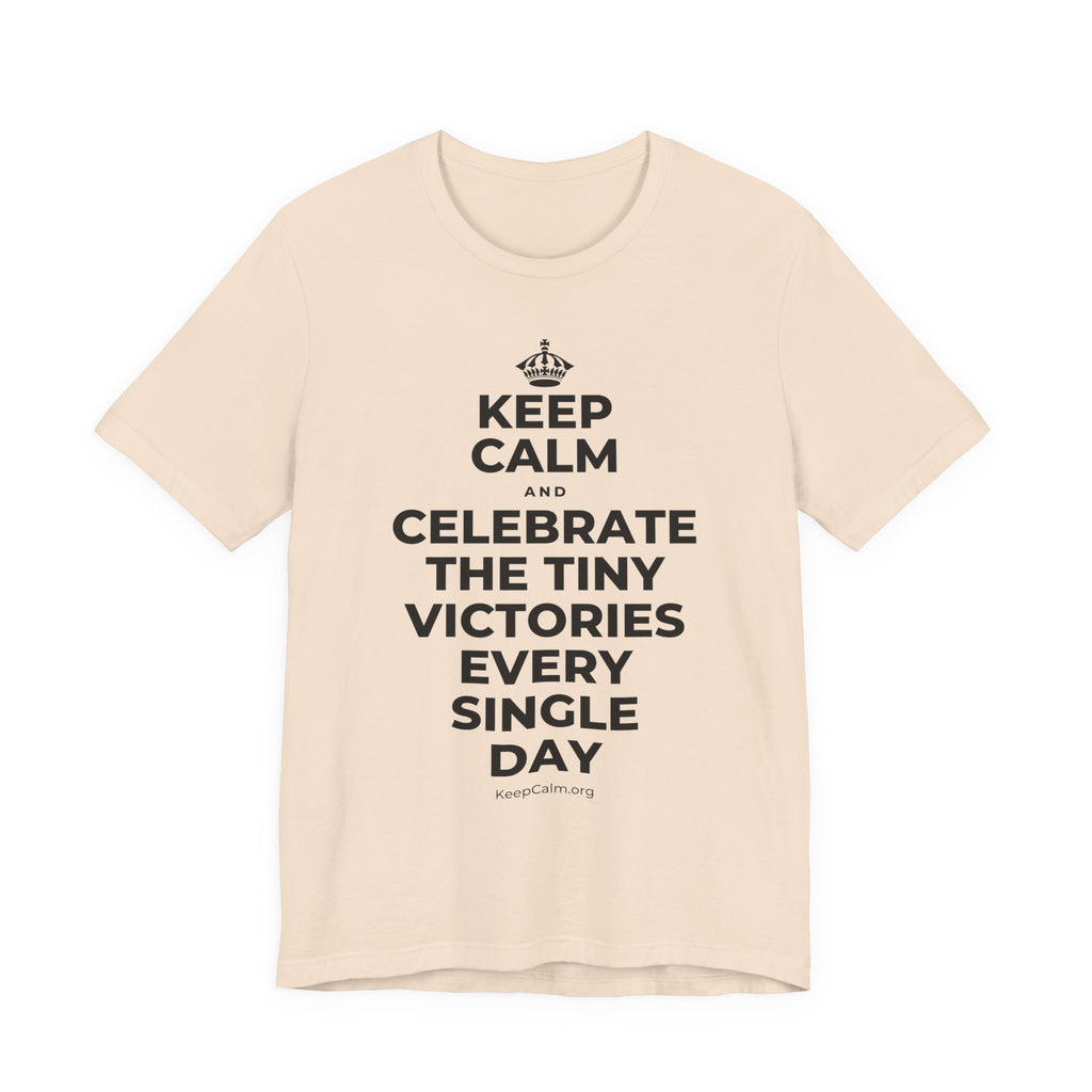 KEEP CALM AND CELEBRATE THE TINY VICTORIES EVERY SINGLE DAY T-Shirt (Soft Cream–Heather Mauve)