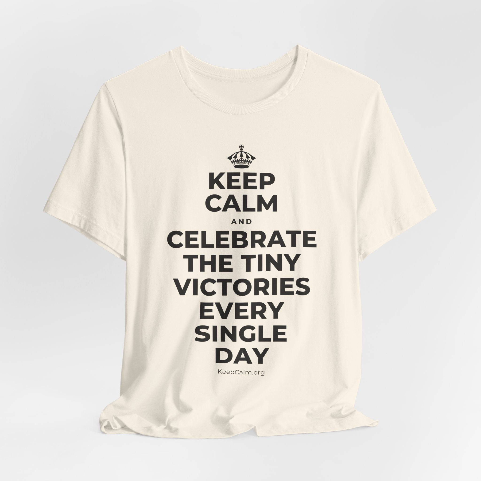 KEEP CALM AND CELEBRATE THE TINY VICTORIES EVERY SINGLE DAY T-Shirt (White–Asphalt)