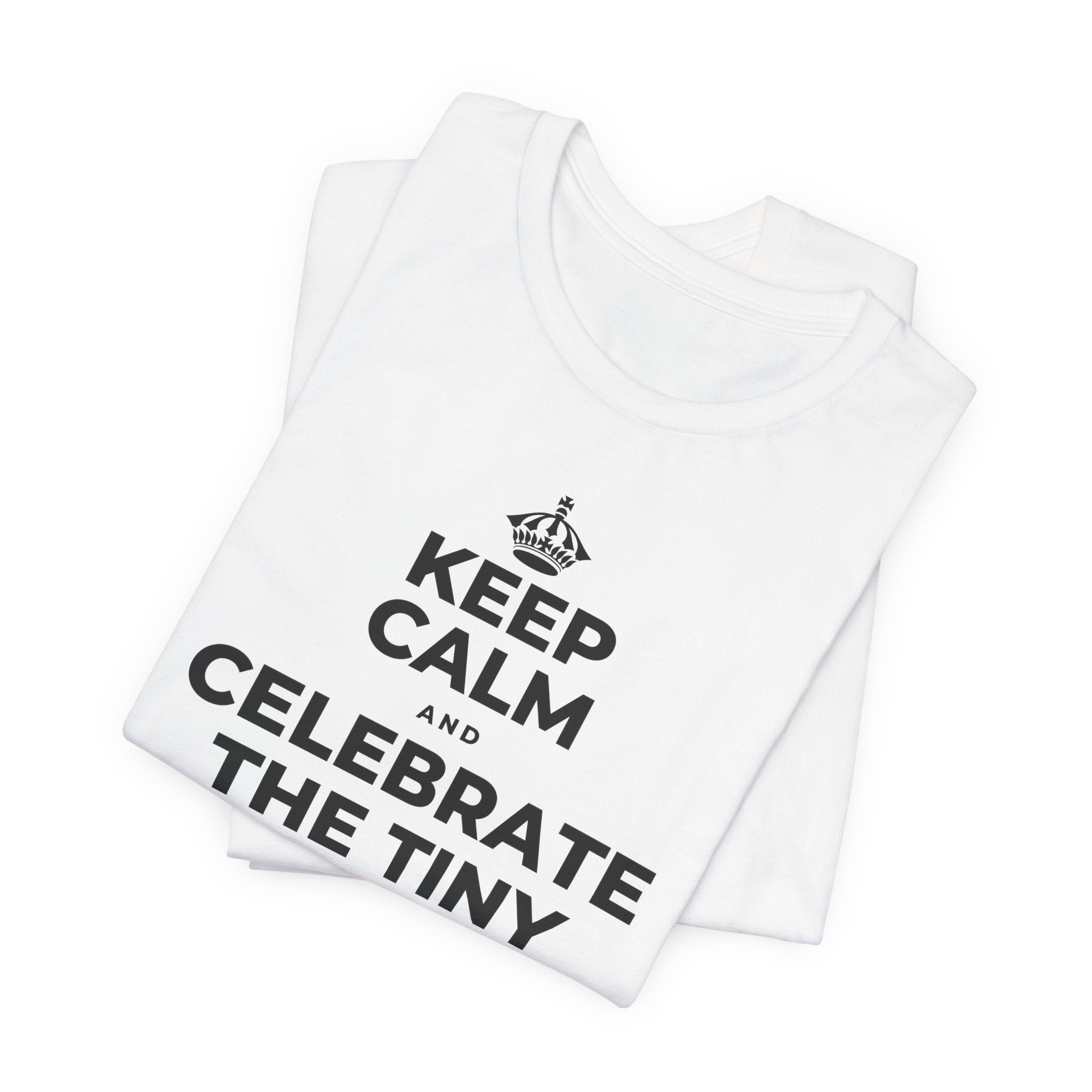 KEEP CALM AND CELEBRATE THE TINY VICTORIES EVERY SINGLE DAY T-Shirt (White–Asphalt)