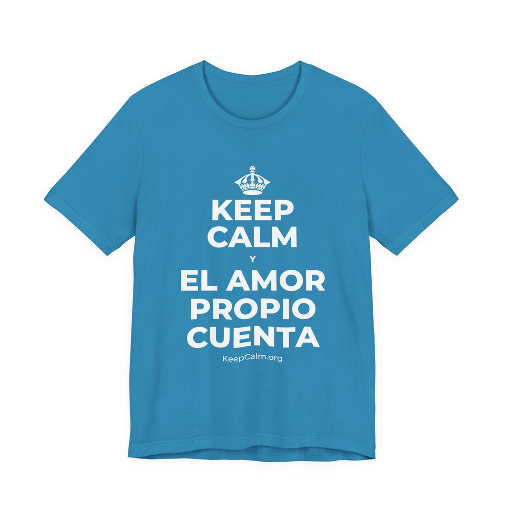 KEEP CALM Y EL AMOR PROPIO CUENTA T-Shirt (White–Asphalt)