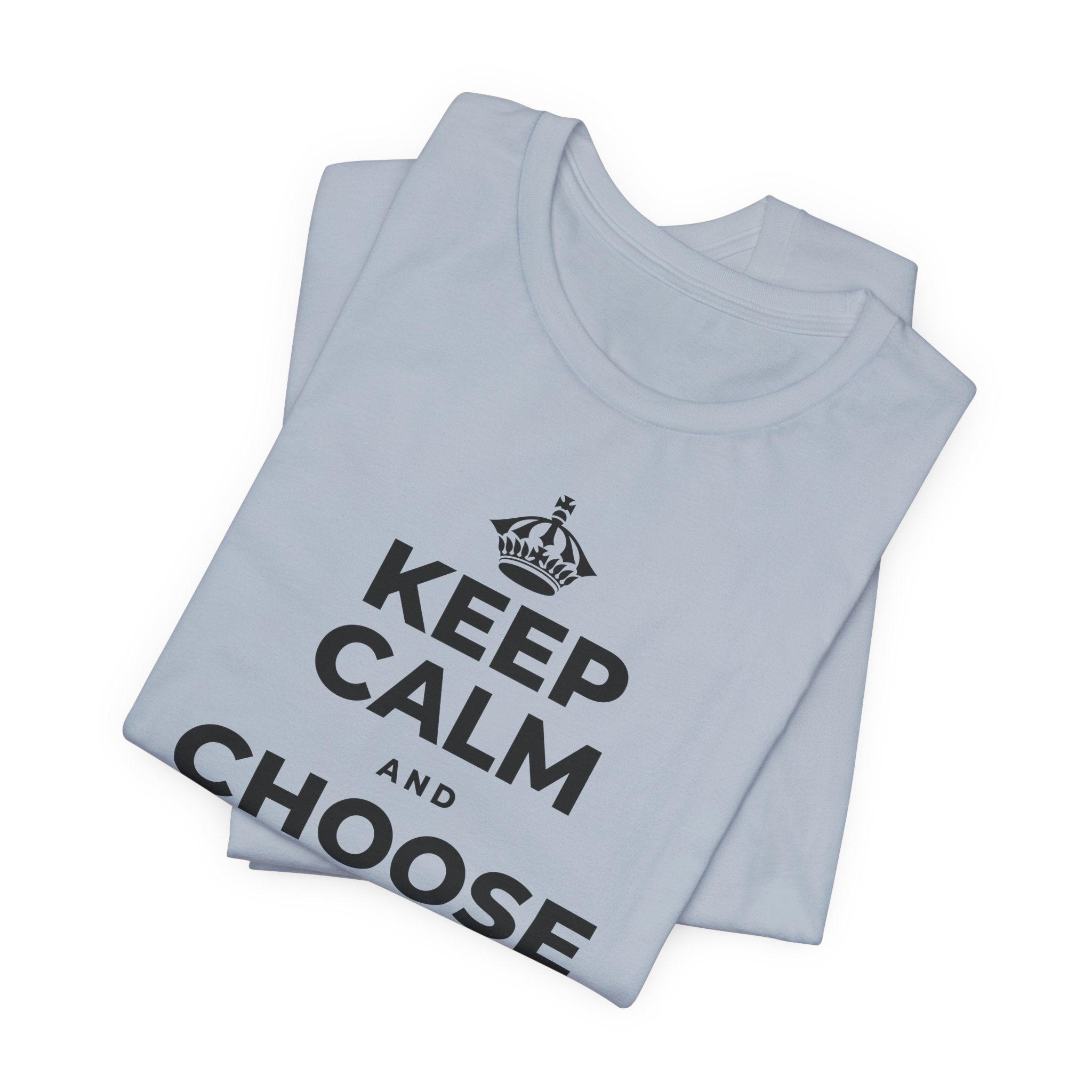 KEEP CALM AND CHOOSE PRESENCE OVER PRESENTS T-Shirt (White–Asphalt)